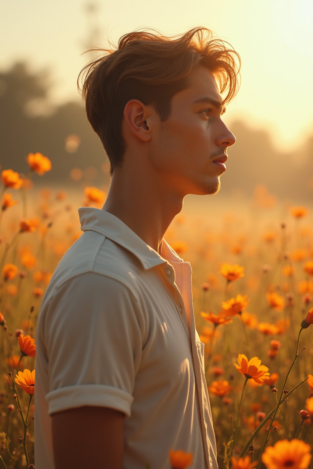 man | standing in field full of flowers | detailed gorgeous face! ! | full body! ! | god rays | intricate | elegant | realistic | hyperrealistic | cinematic | character design | concept art | illustration | digital art | digital painting | depth of field