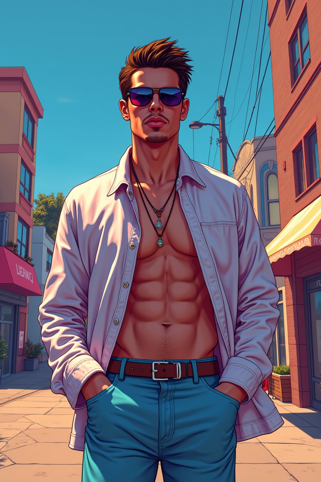 man, gta vice city cover art, borderlands style, celshading, trending on artstation, by rhads, andreas rocha, rossdraws, makoto shinkai, laurie greasley, lois van baarle, ilya kuvshinov and greg rutkowski