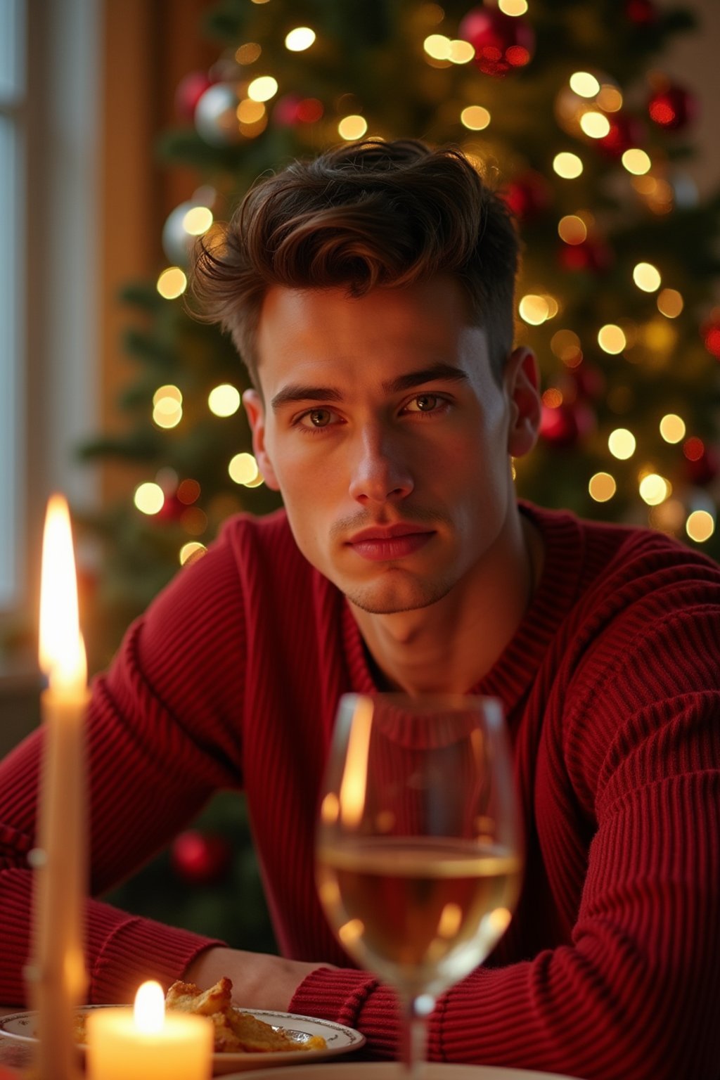 man at Christmas dinner wearing Christmas style clothes. Christmas tree in background. Christmas lights