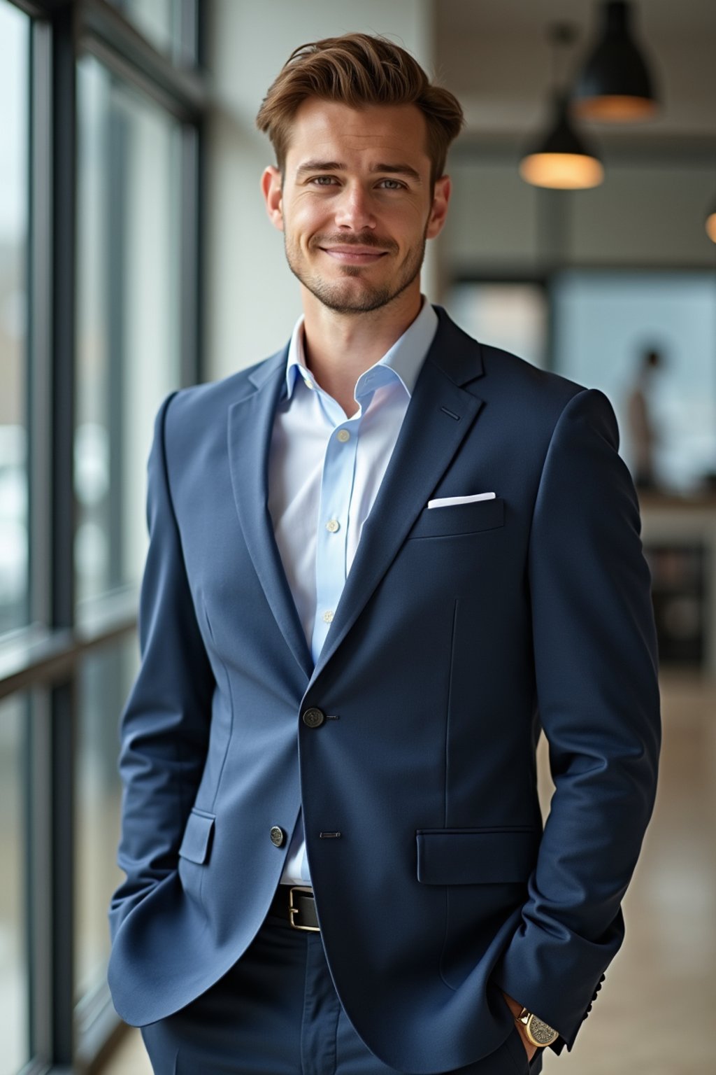 wide LinkedIn profile photo of a professional business man as a confident professional business man standing in a modern office. LinkedIn professional profile photo. most popular person on LinkedIn