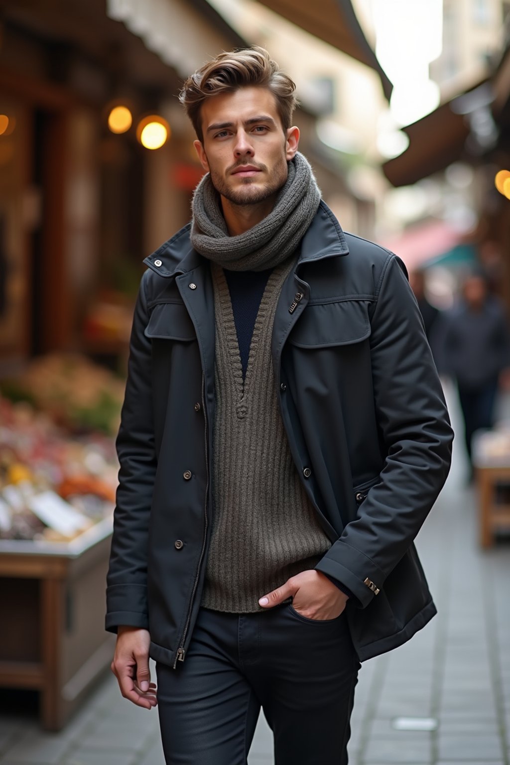 a stylish masculine  man exploring a street market