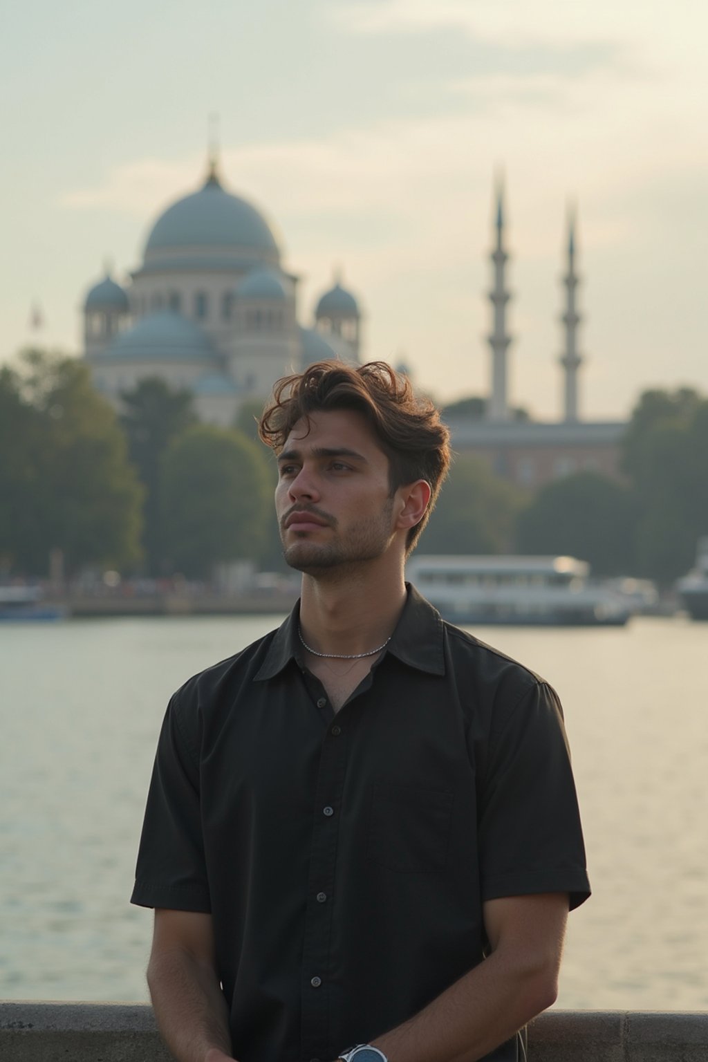 a captivating masculine  man enjoying a peaceful moment by the waterfront