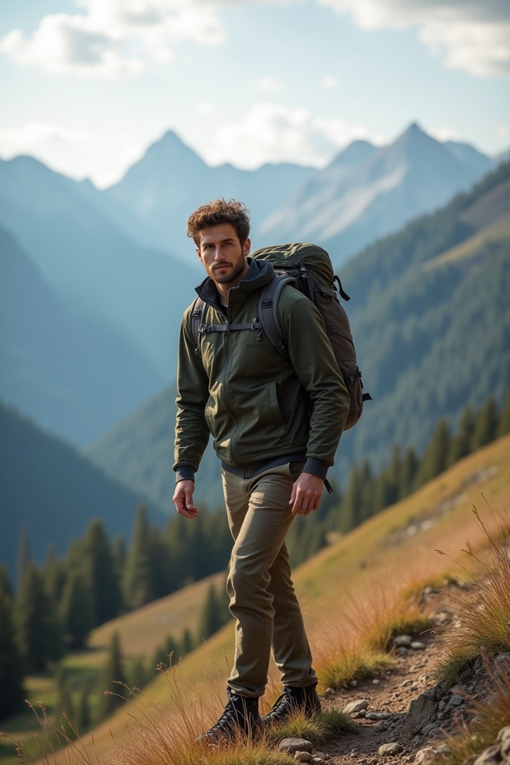 an adventurous masculine  man hiking in the mountains