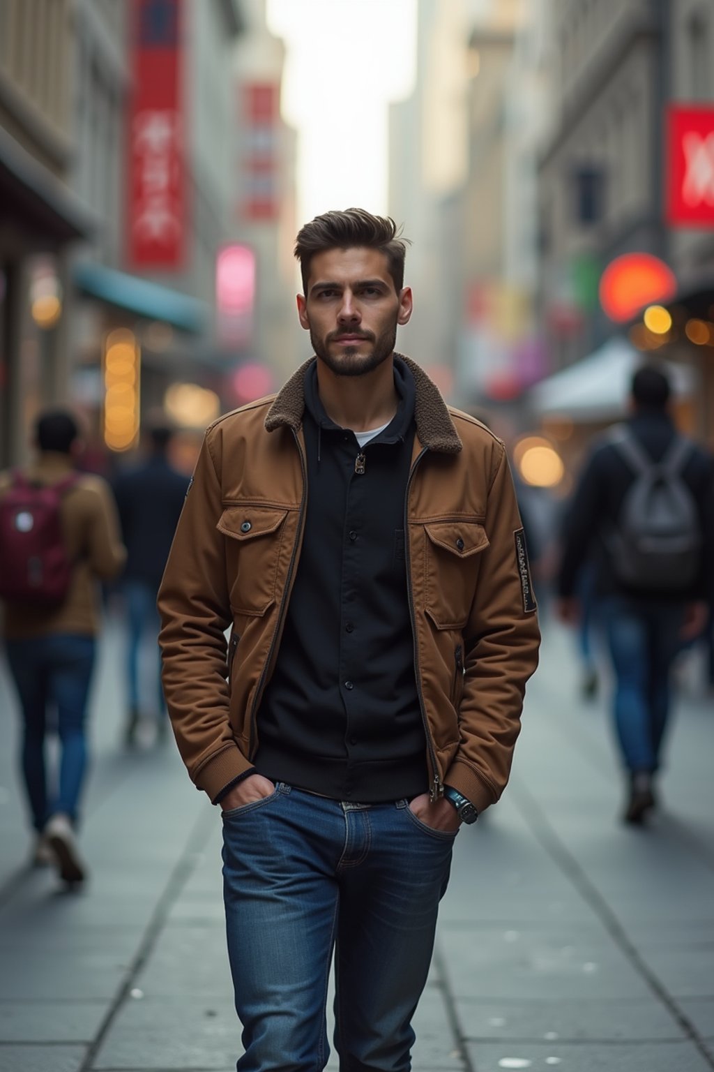 a confident masculine  man exploring a bustling city street