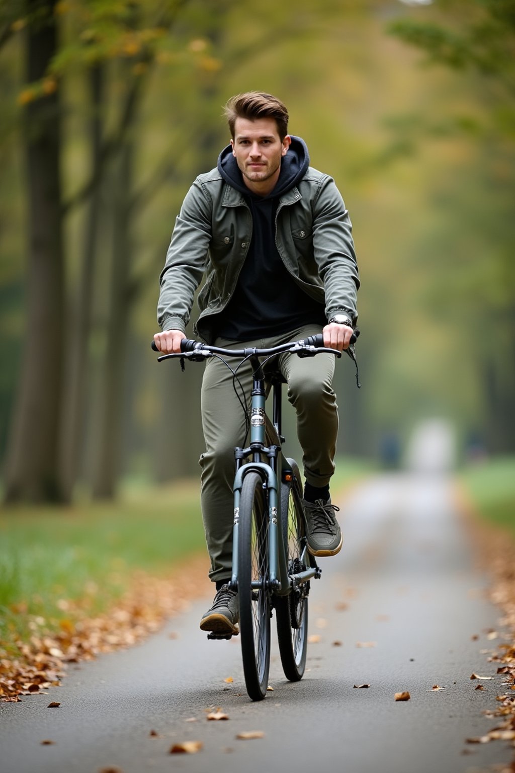 a stylish masculine  man enjoying a leisurely bike ride along a scenic path