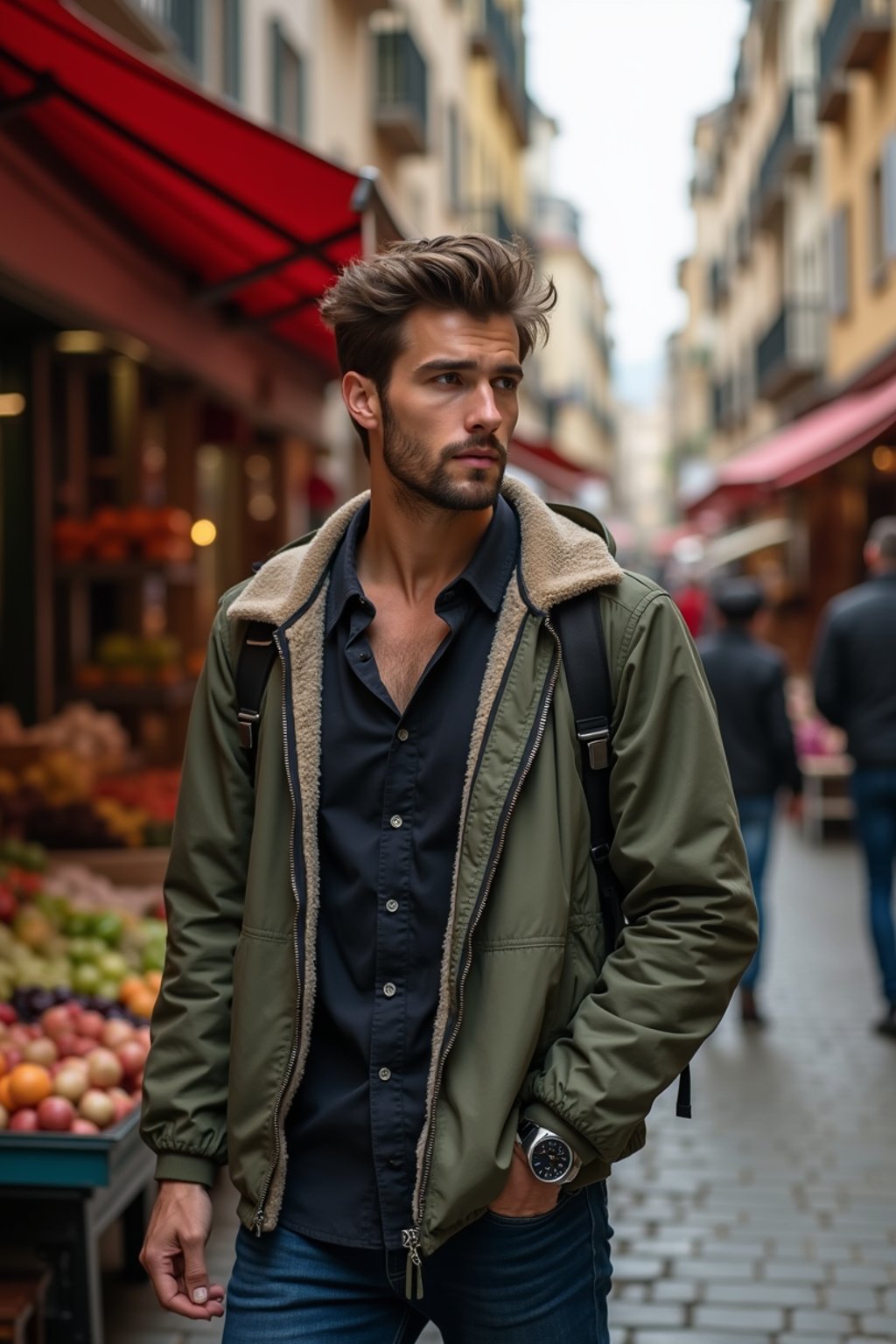 a charismatic masculine  man exploring a street market