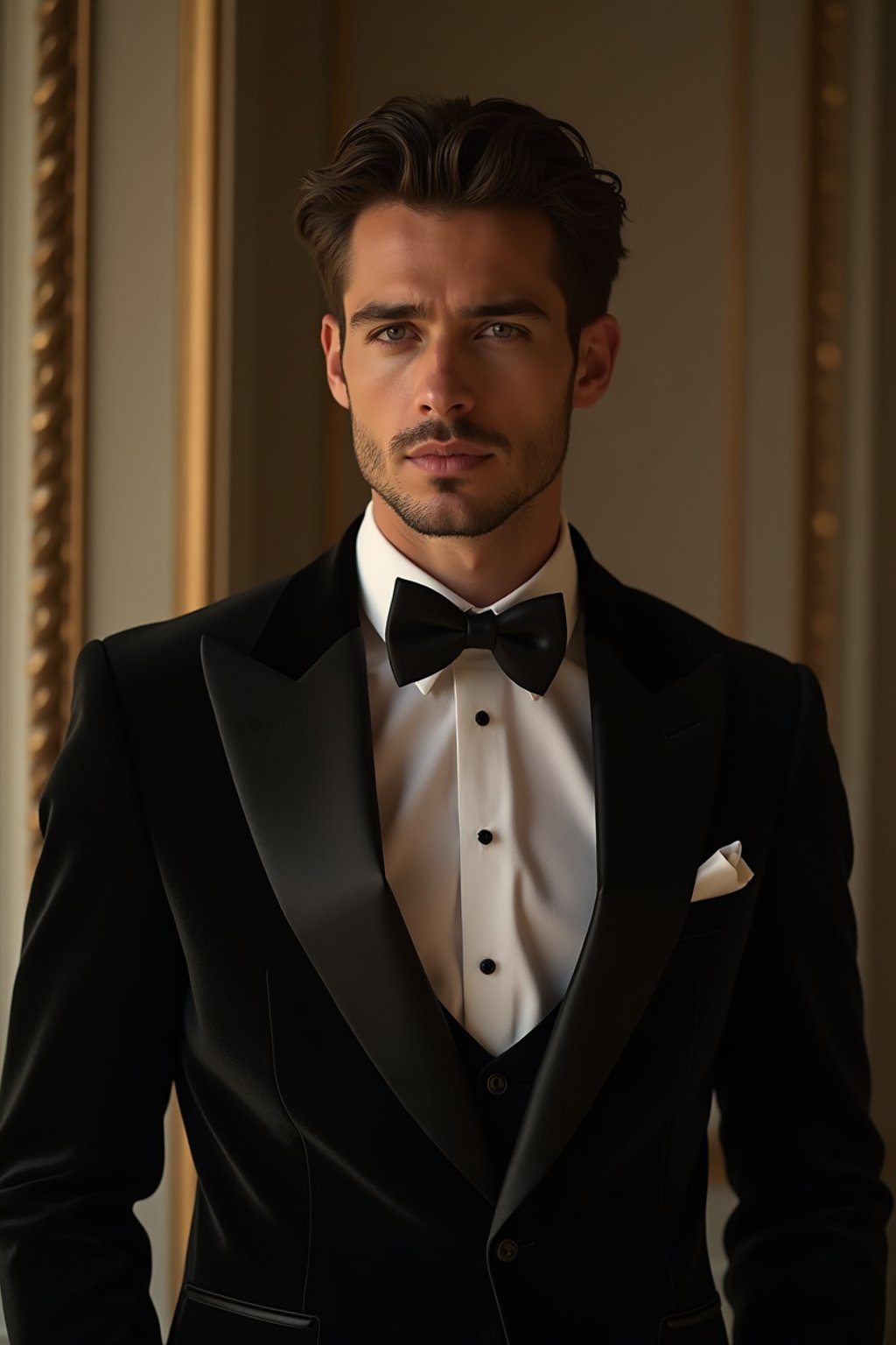 an alluring masculine  man dressed in elegant evening wear