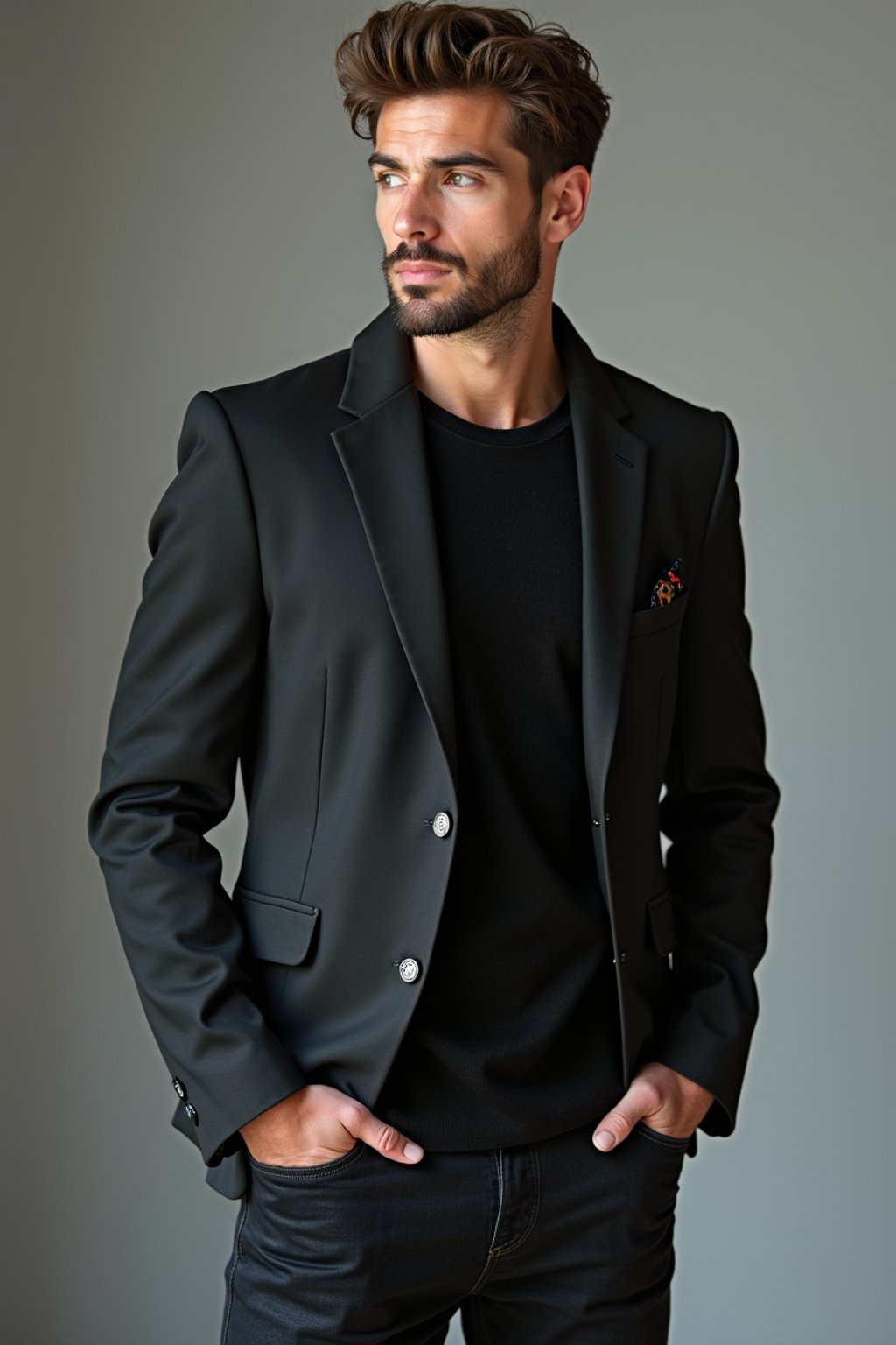 a confident masculine  man dressed in stylish attire