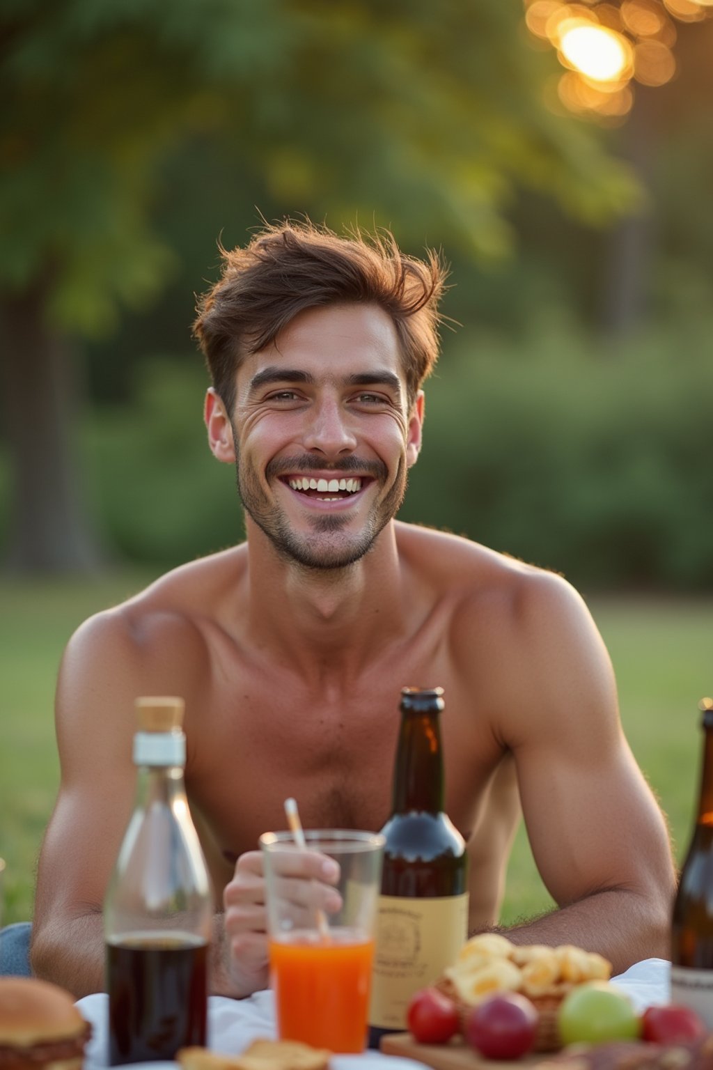 masculine  man having a fun outdoor picnic