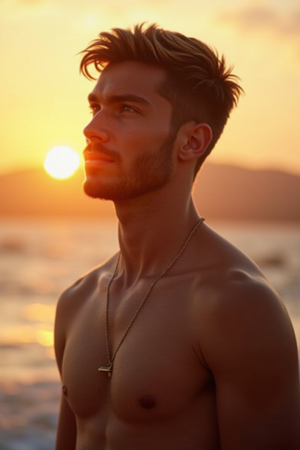 masculine  man enjoying a sunset at a beach or park