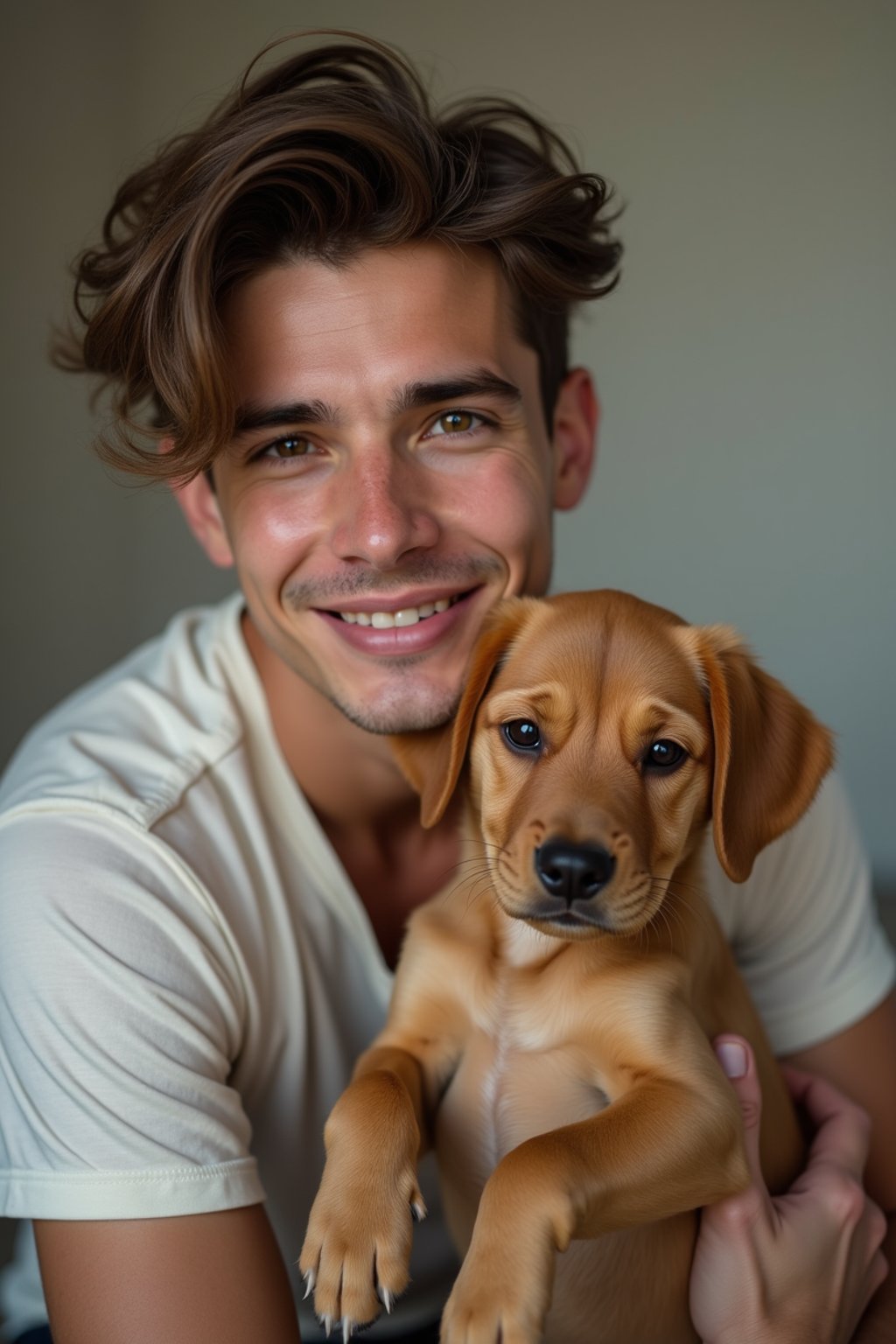 masculine  man posing with a cute pet