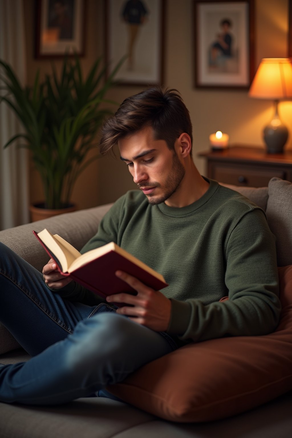 masculine  man reading a book in a cozy home environment