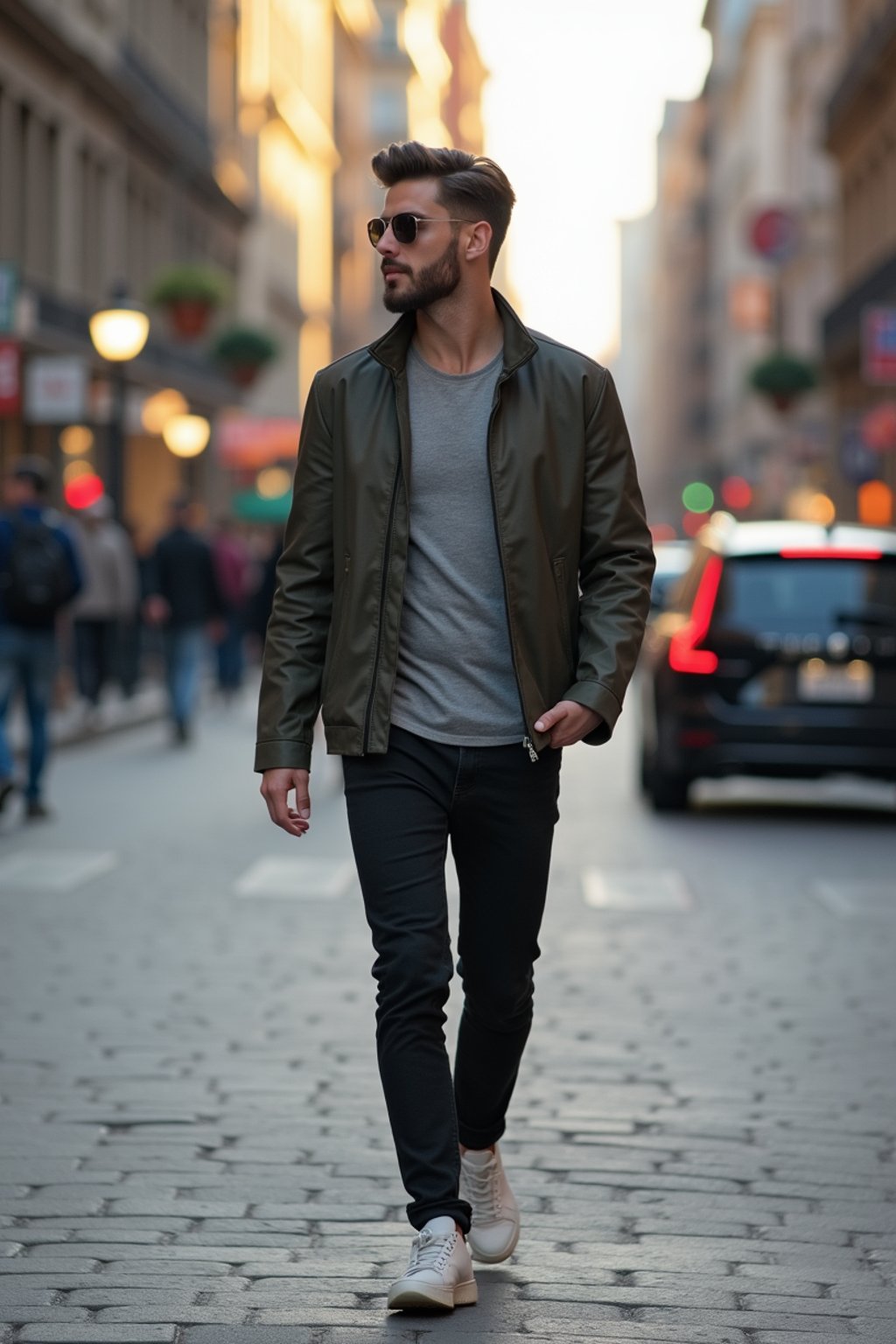 masculine  man taking a casual stroll through a cityscape