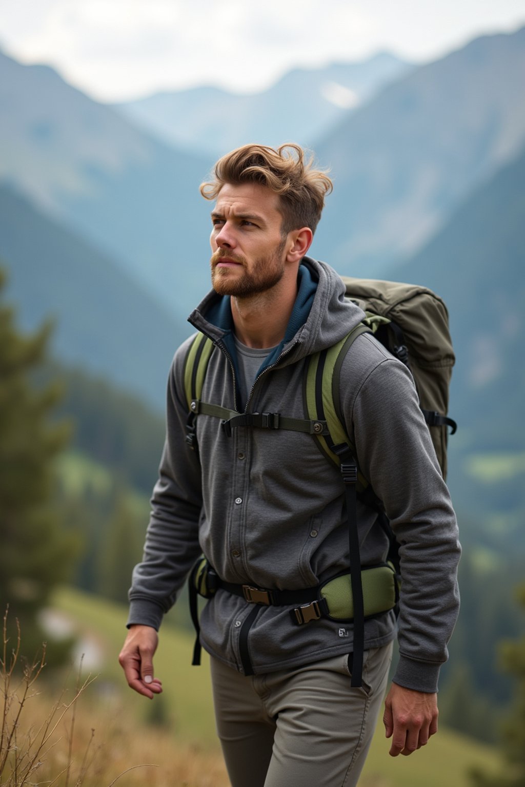 masculine  man in going hiking outdoors in mountains