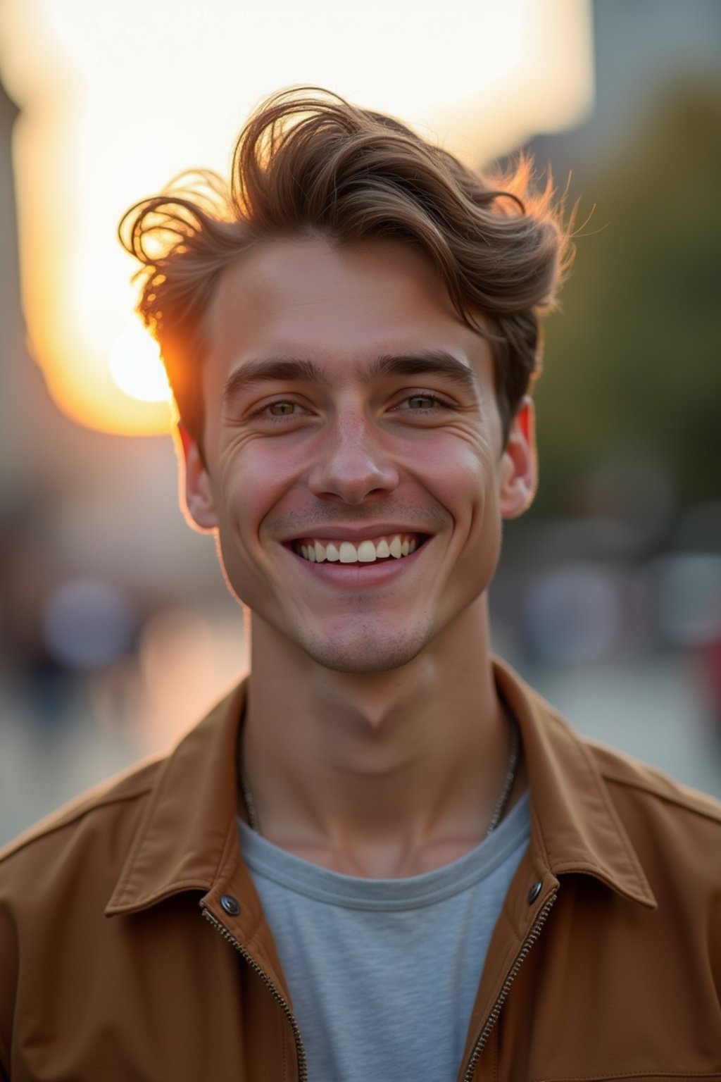 headshot of smiling man wearing casual clothes posing for dating app headshot. outdoor blurry background. the lighting is warm, possibly from a setting sun, creating a soft glow around him, enhancing the casual and relaxed vibe of the image. the setting seems to be outdoors, likely in an urban environment, with the blurred background hinting at a street or park-like area. this image likely portrays a youthful, active, and approachable individual, possibly in a lifestyle or fashion-related context.