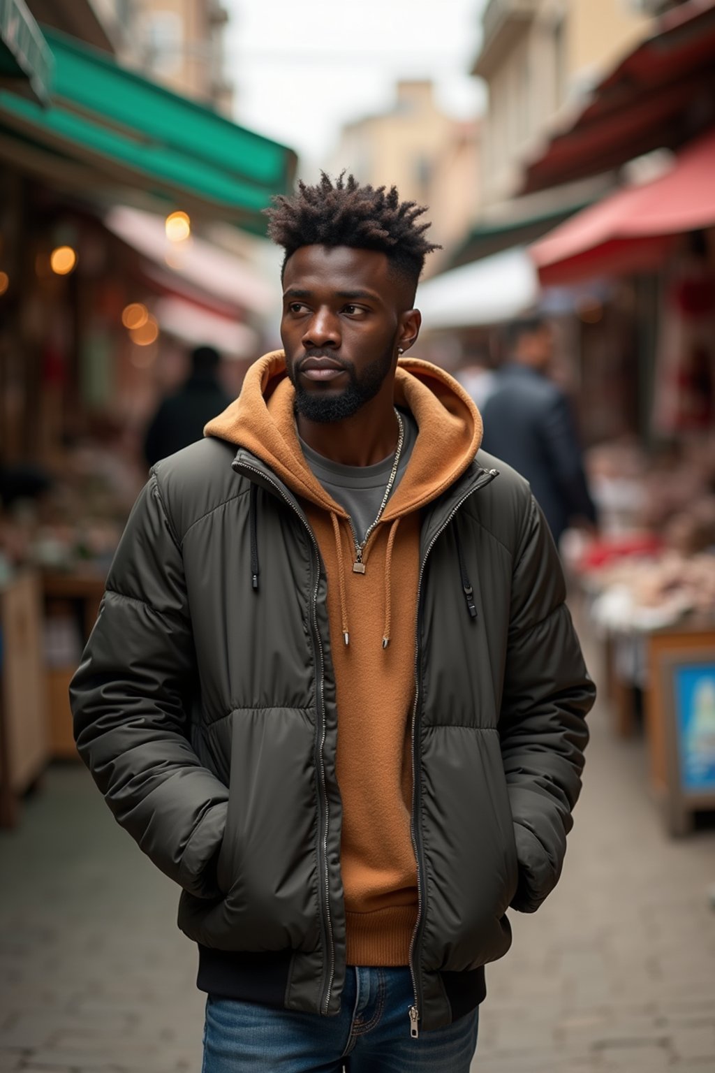 a stylish masculine  man exploring a street market