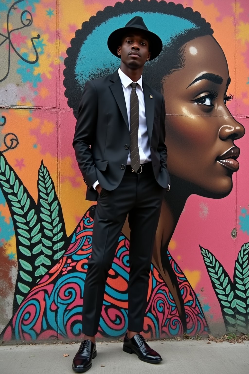 a fashionable masculine  man posing in front of street art