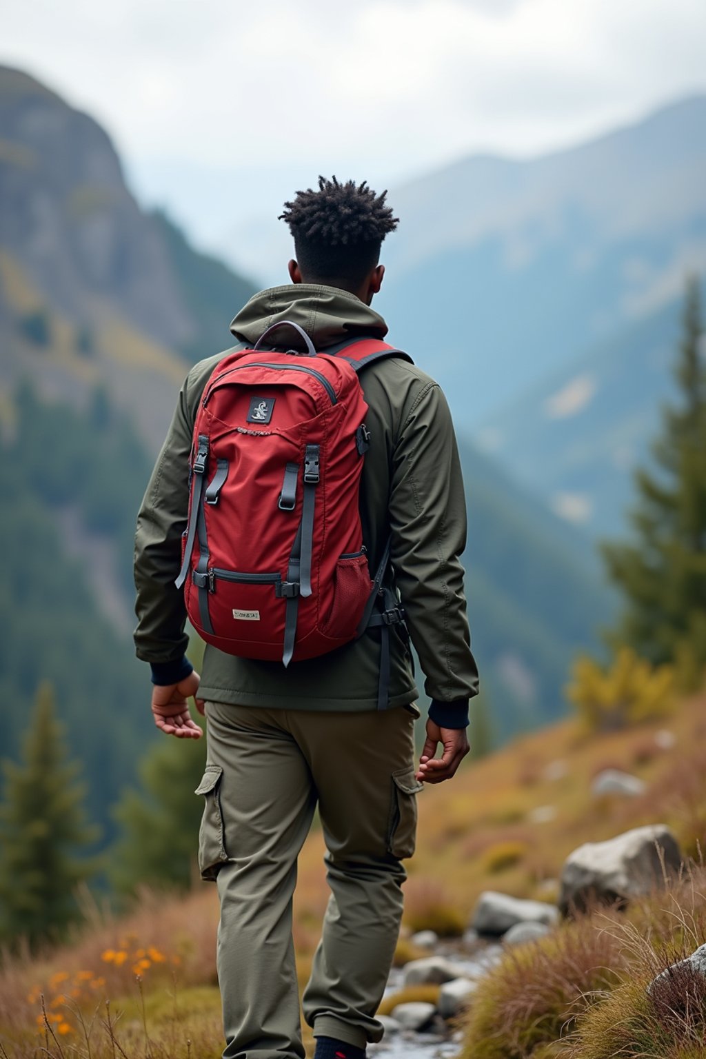 an adventurous masculine  man hiking in the mountains