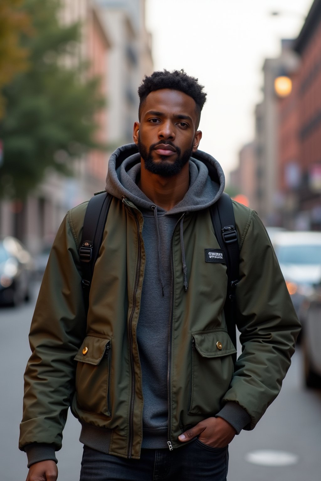 a confident masculine  man exploring a bustling city street