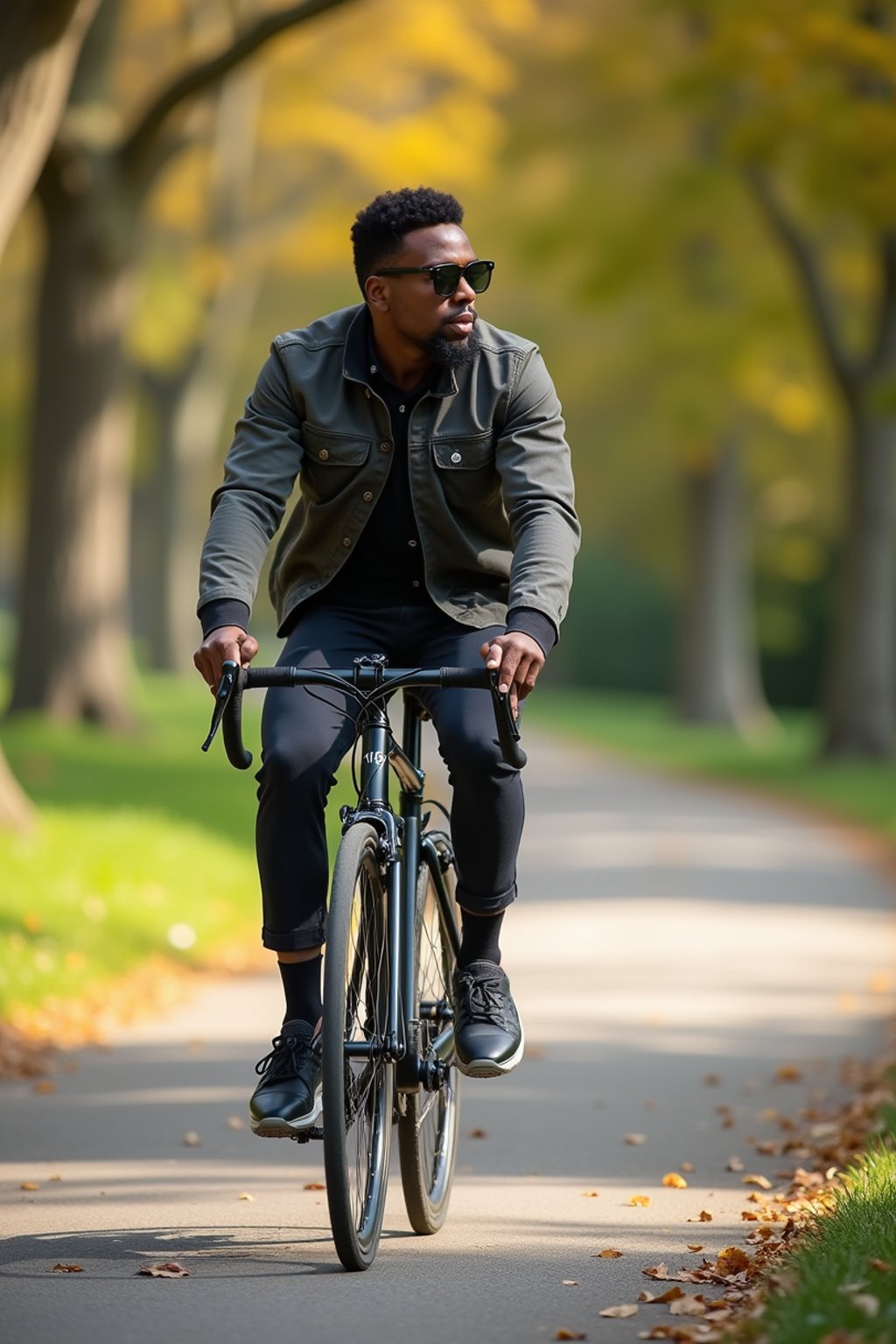 a stylish masculine  man enjoying a leisurely bike ride along a scenic path