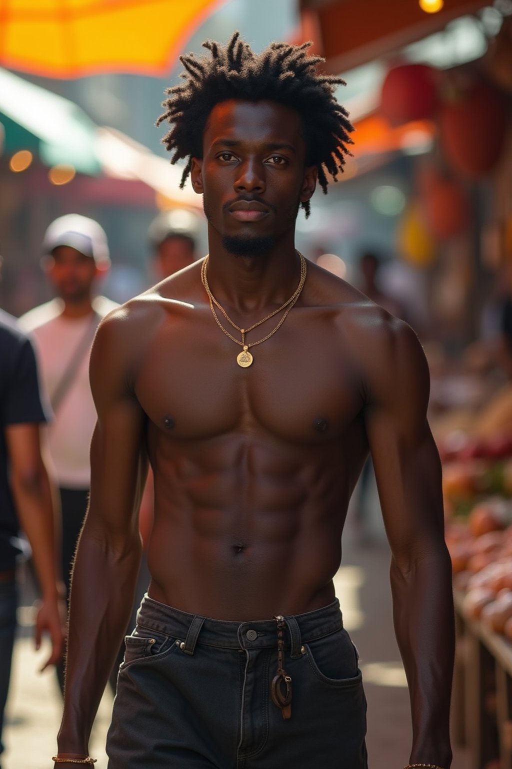 a charismatic masculine  man exploring a street market