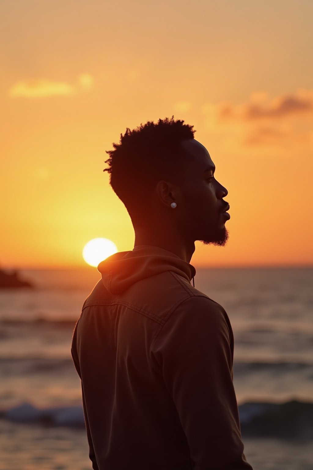 masculine  man enjoying a sunset at a beach or park