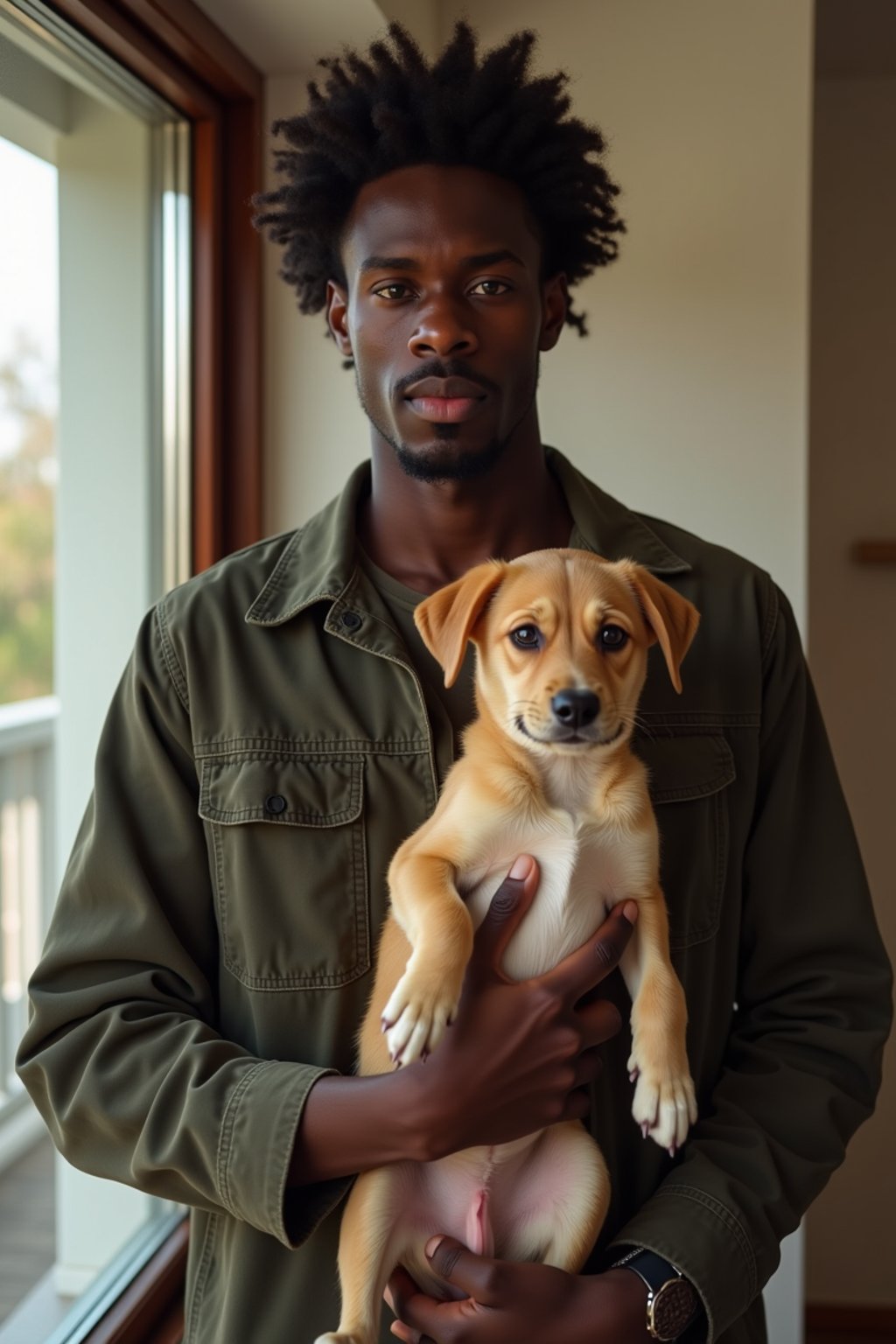 masculine  man posing with a cute pet