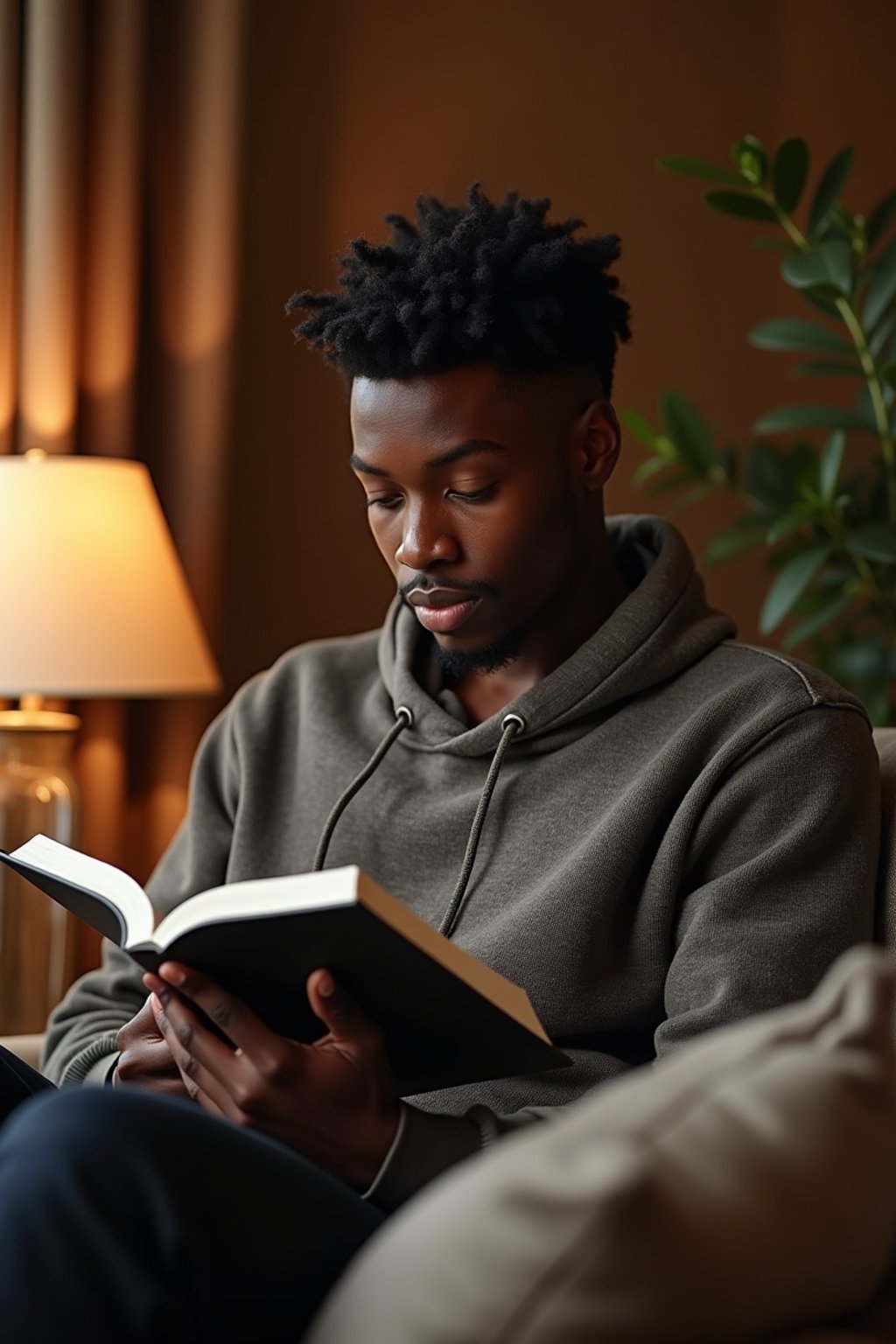 masculine  man reading a book in a cozy home environment