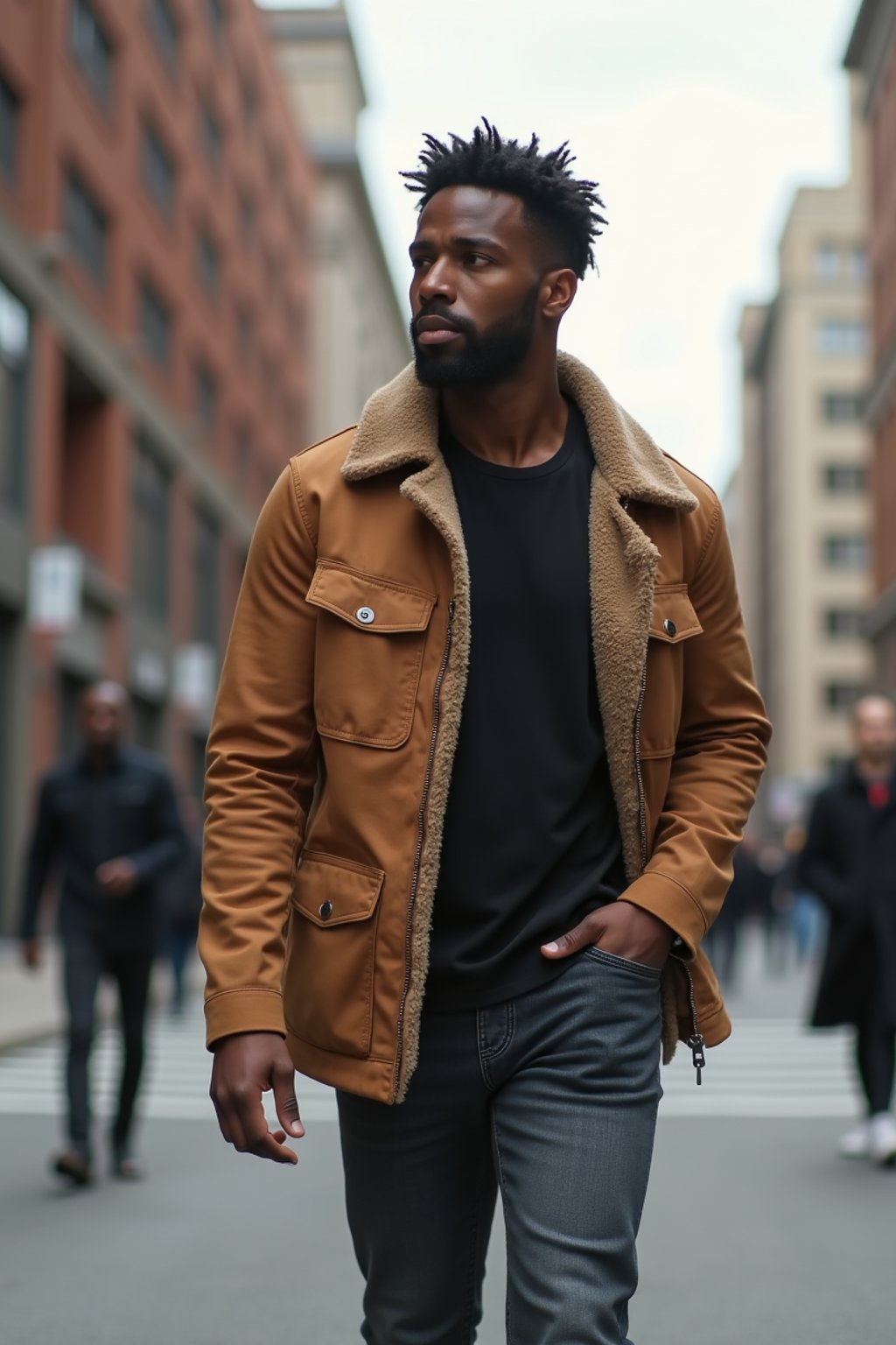 masculine  man taking a casual stroll through a cityscape