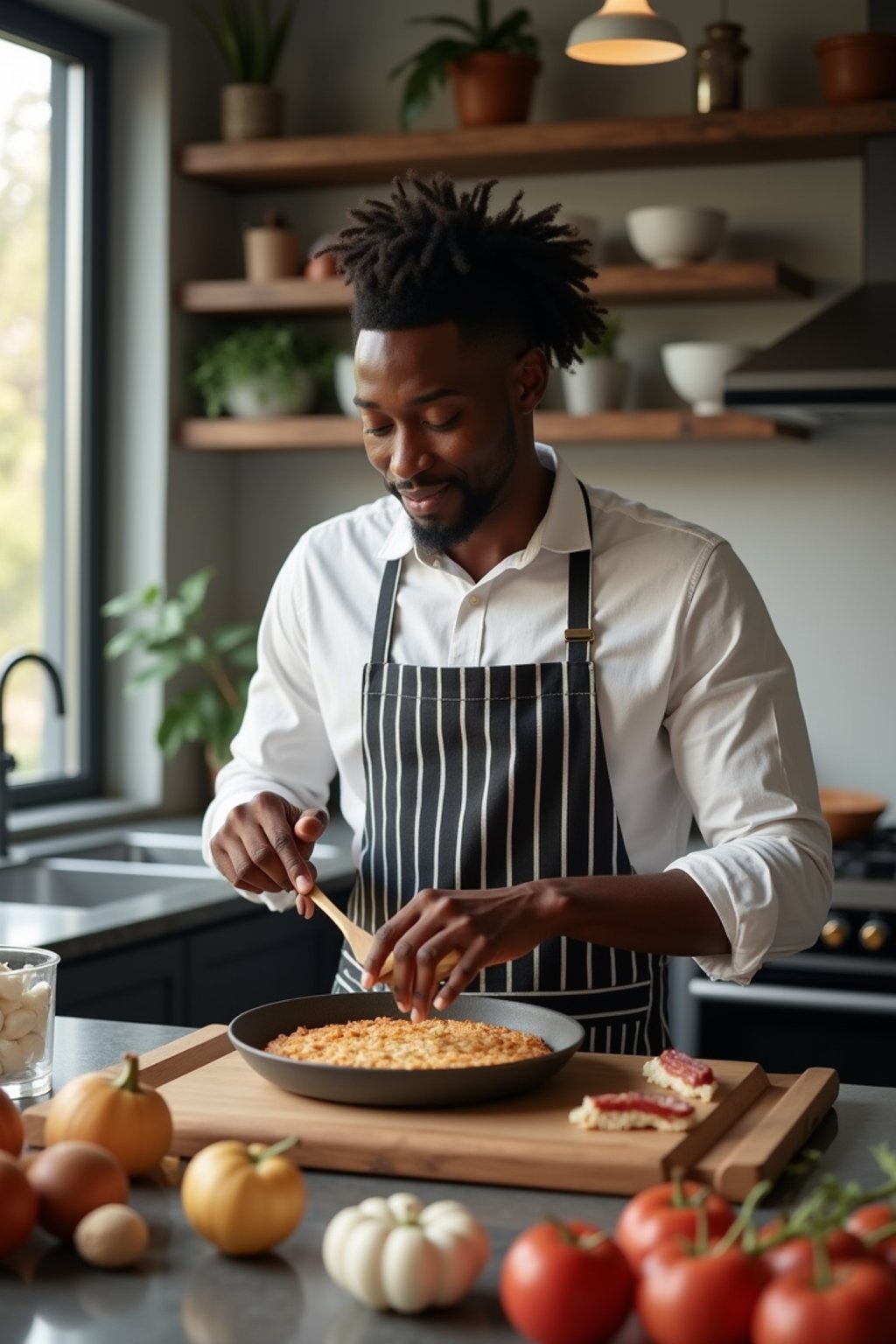 masculine  man cooking or baking in a modern kitchen