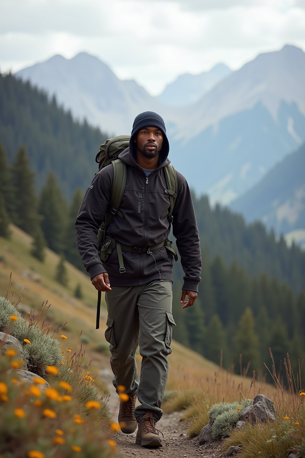 masculine  man in going hiking outdoors in mountains