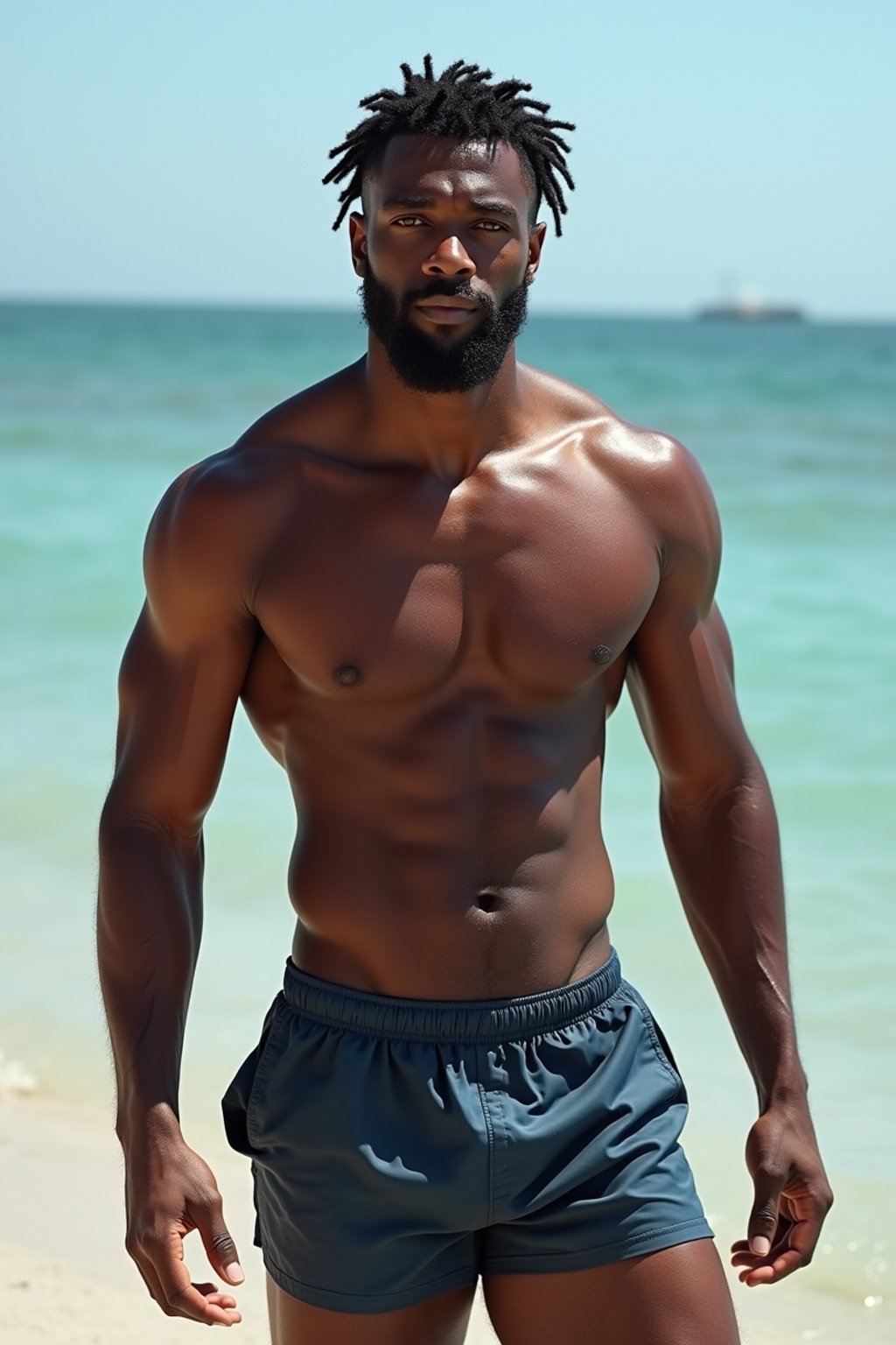 masculine  man in solid color  swim shorts on the beach, wet hair, swimsuit sports illustrated FHM maxim photos