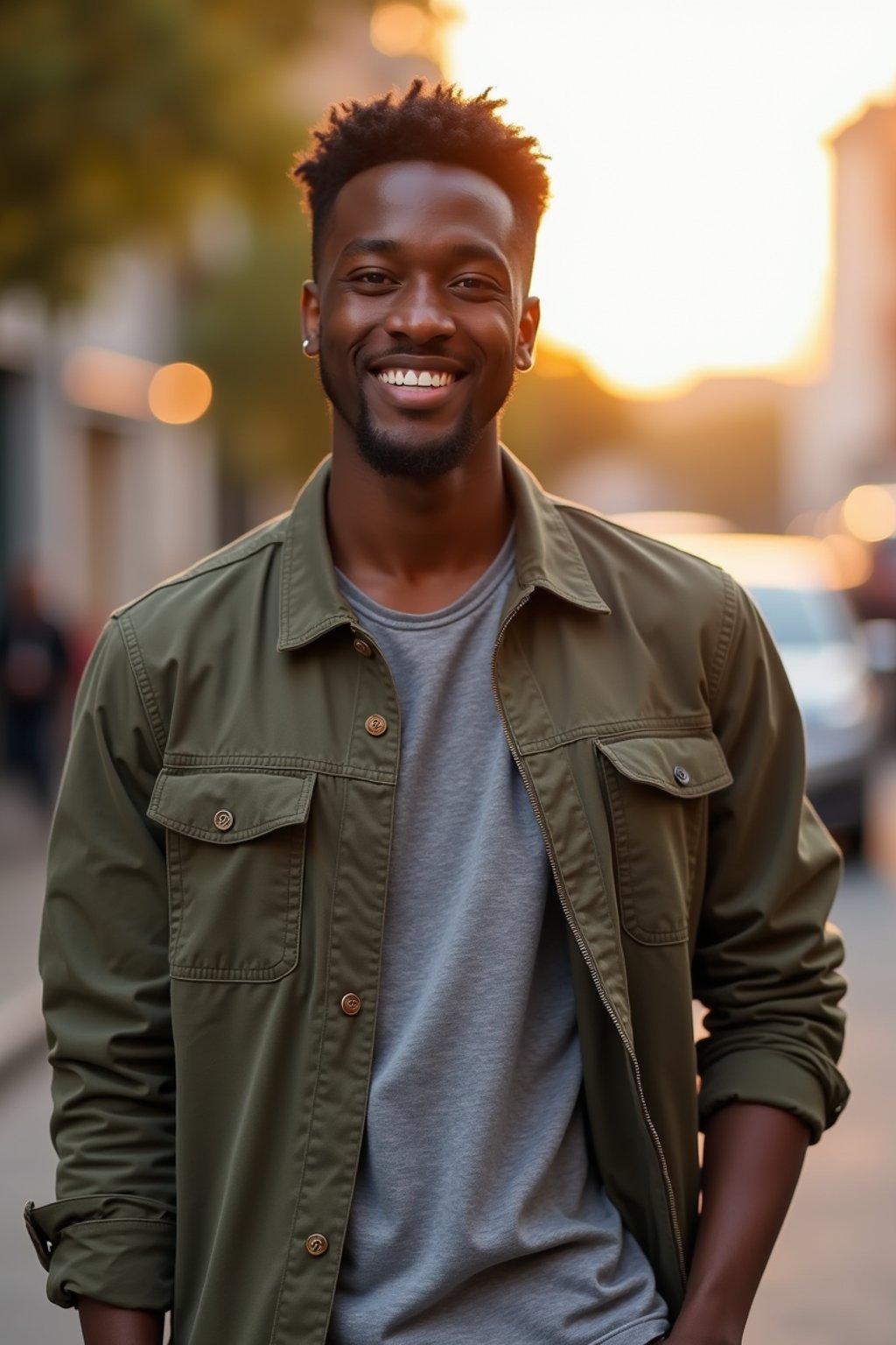 headshot of smiling man wearing casual clothes posing for dating app headshot. outdoor blurry background. the lighting is warm, possibly from a setting sun, creating a soft glow around him, enhancing the casual and relaxed vibe of the image. the setting seems to be outdoors, likely in an urban environment, with the blurred background hinting at a street or park-like area. this image likely portrays a youthful, active, and approachable individual, possibly in a lifestyle or fashion-related context.