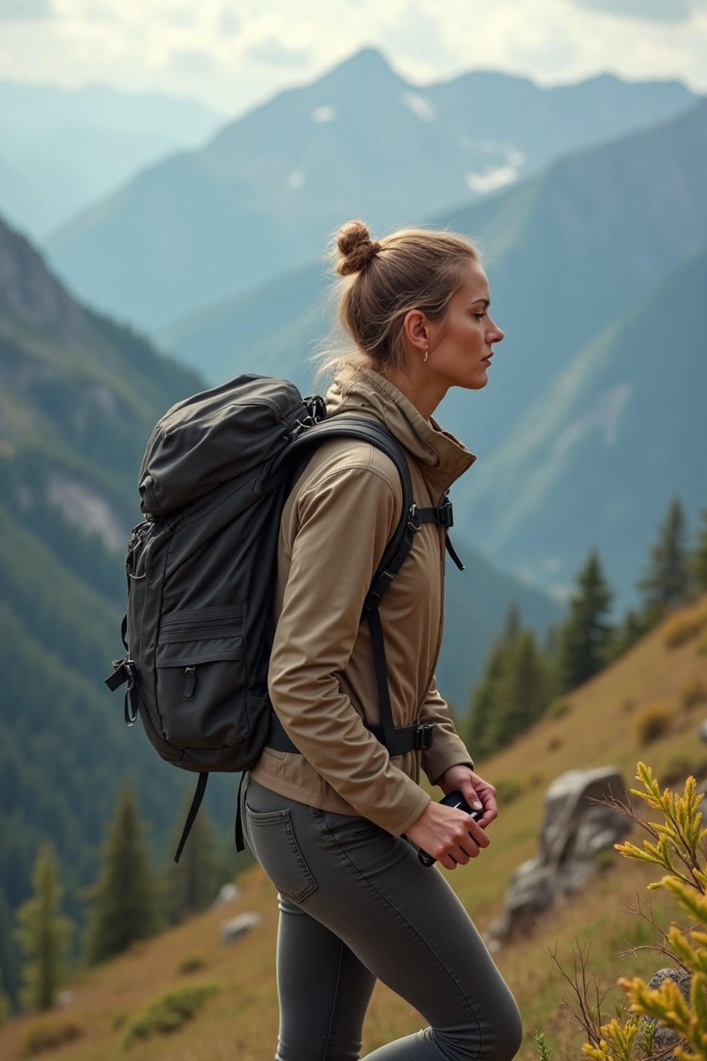 an adventurous  feminine woman hiking in the mountains