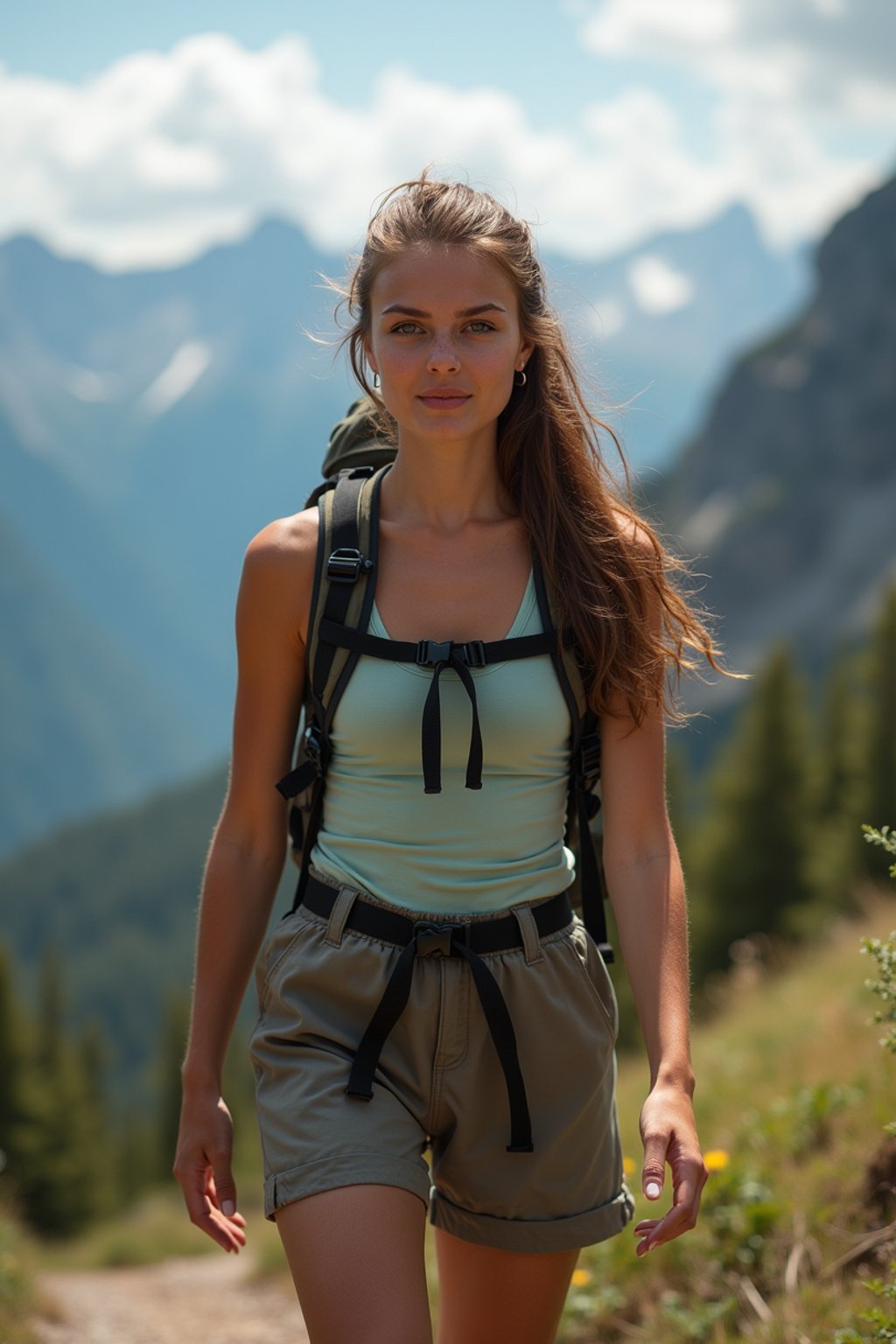 feminine woman in going hiking outdoors in mountains