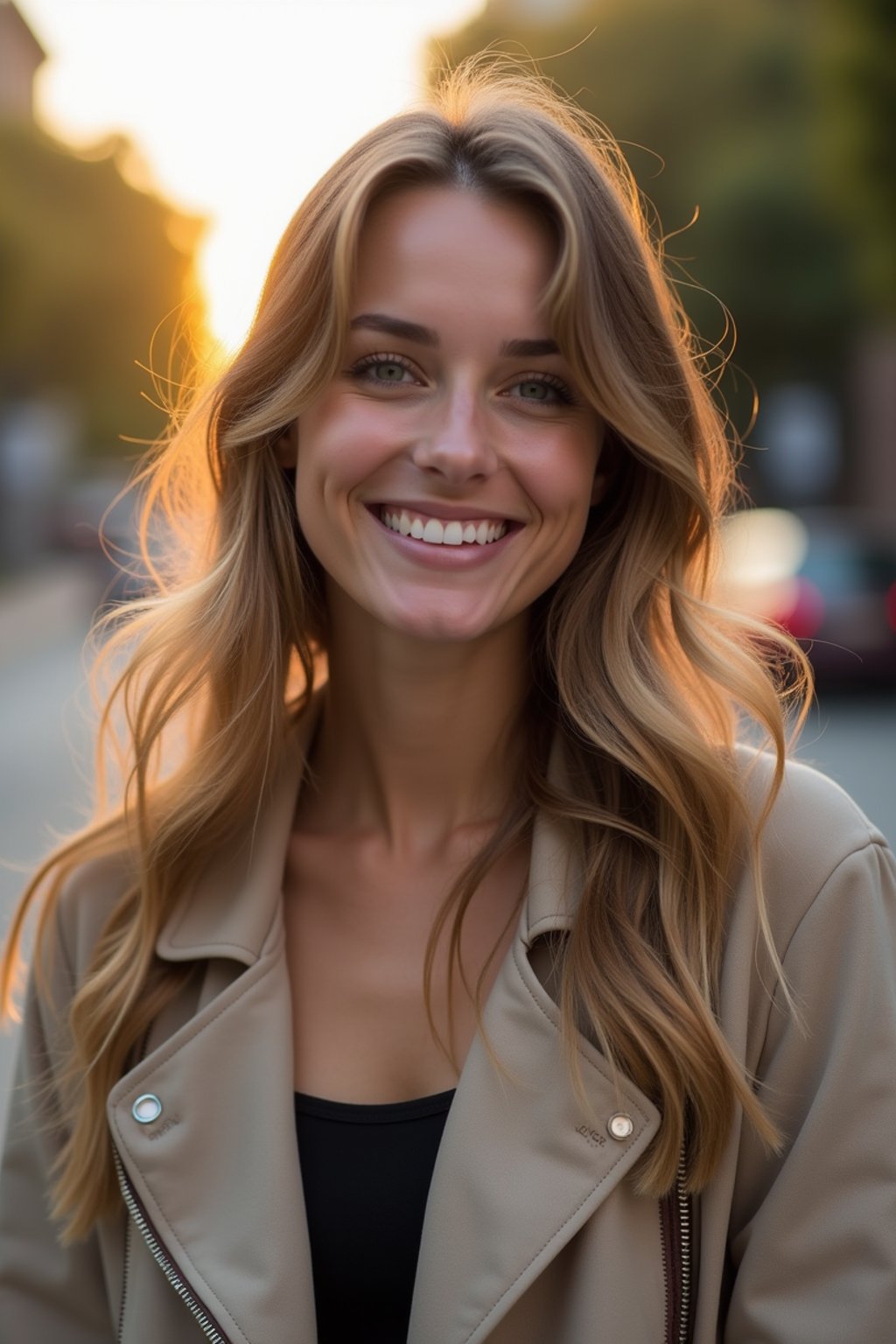 headshot of smiling woman wearing casual clothes posing for dating app headshot. outdoor blurry background. the lighting is warm, possibly from a setting sun, creating a soft glow around him, enhancing the casual and relaxed vibe of the image. the setting seems to be outdoors, likely in an urban environment, with the blurred background hinting at a street or park-like area. this image likely portrays a youthful, active, and approachable individual, possibly in a lifestyle or fashion-related context.