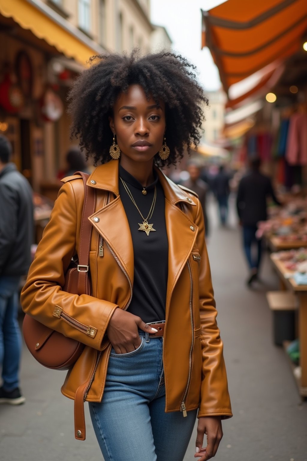 a stylish  feminine woman exploring a street market