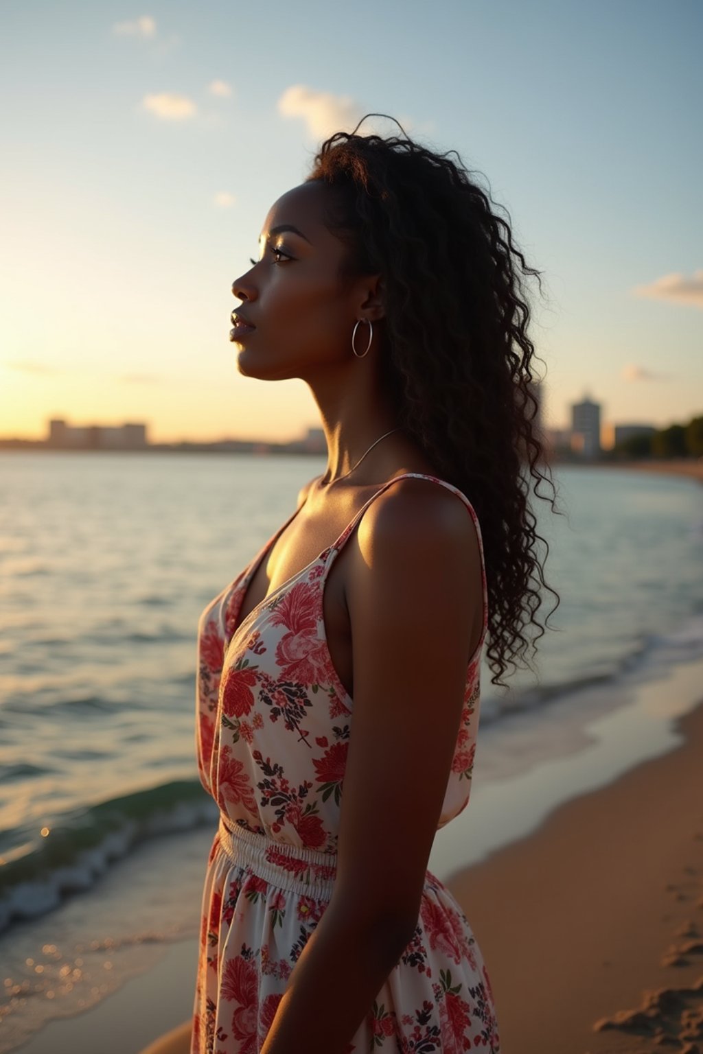 a captivating  feminine woman enjoying a peaceful moment by the waterfront