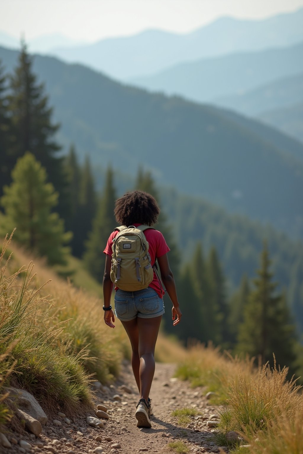 an adventurous  feminine woman hiking in the mountains