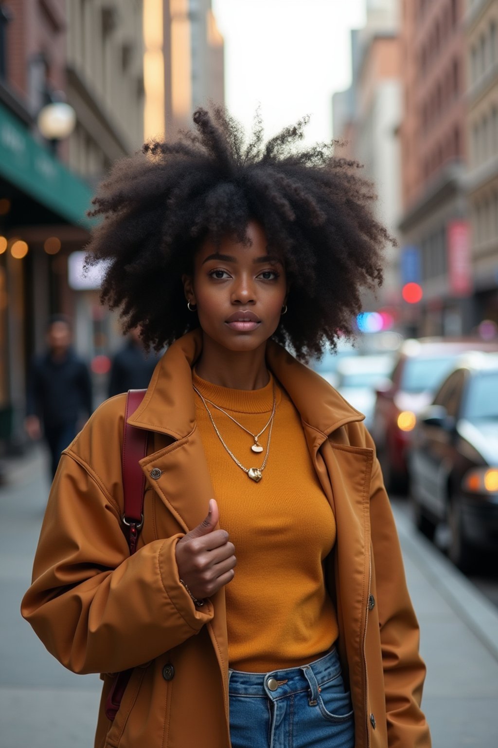 a confident  feminine woman exploring a bustling city street