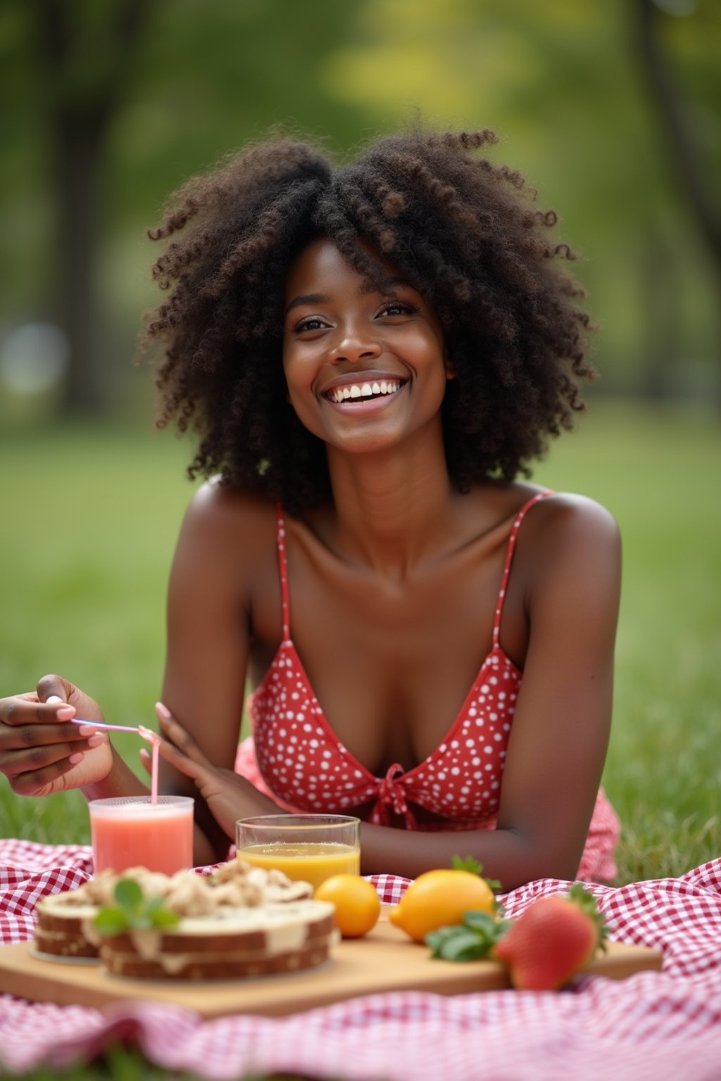 feminine woman having a fun outdoor picnic