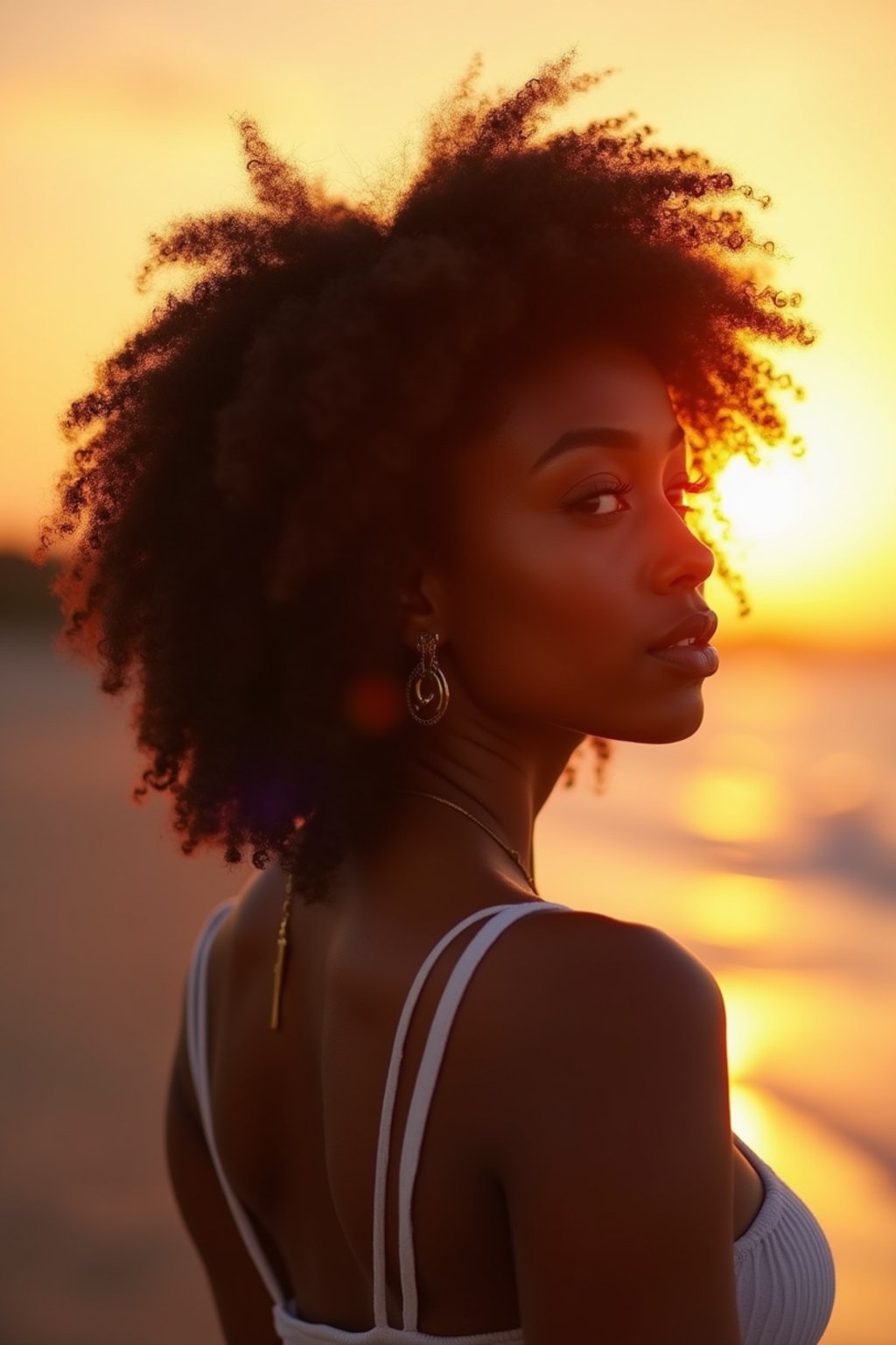 feminine woman enjoying a sunset at a beach or park