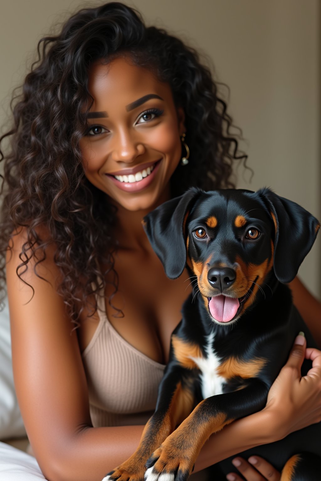 feminine woman posing with a cute pet