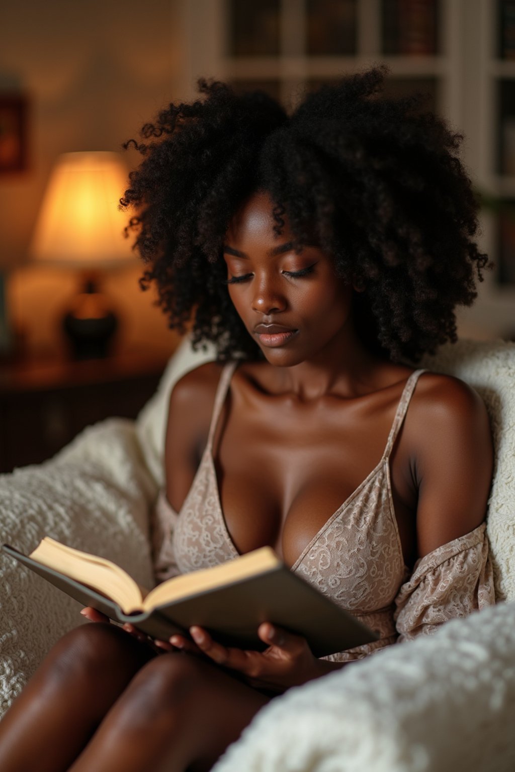 feminine woman reading a book in a cozy home environment