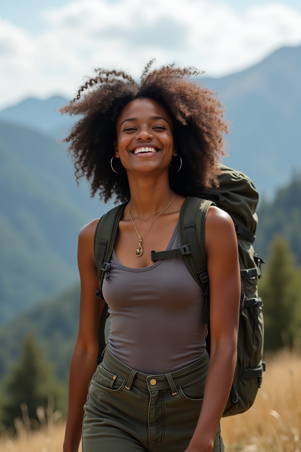 feminine woman in going hiking outdoors in mountains