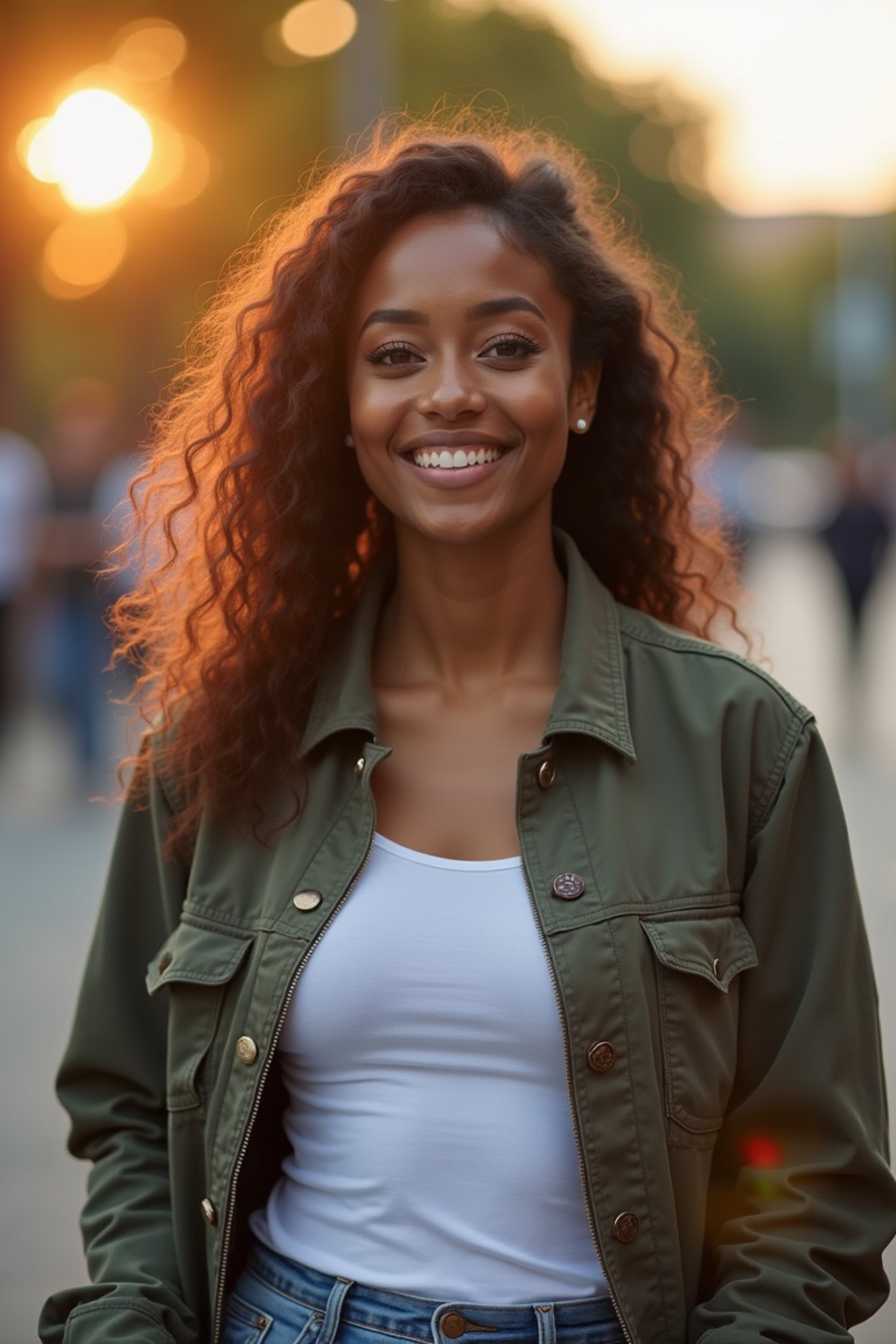 headshot of smiling woman wearing casual clothes posing for dating app headshot. outdoor blurry background. the lighting is warm, possibly from a setting sun, creating a soft glow around him, enhancing the casual and relaxed vibe of the image. the setting seems to be outdoors, likely in an urban environment, with the blurred background hinting at a street or park-like area. this image likely portrays a youthful, active, and approachable individual, possibly in a lifestyle or fashion-related context.