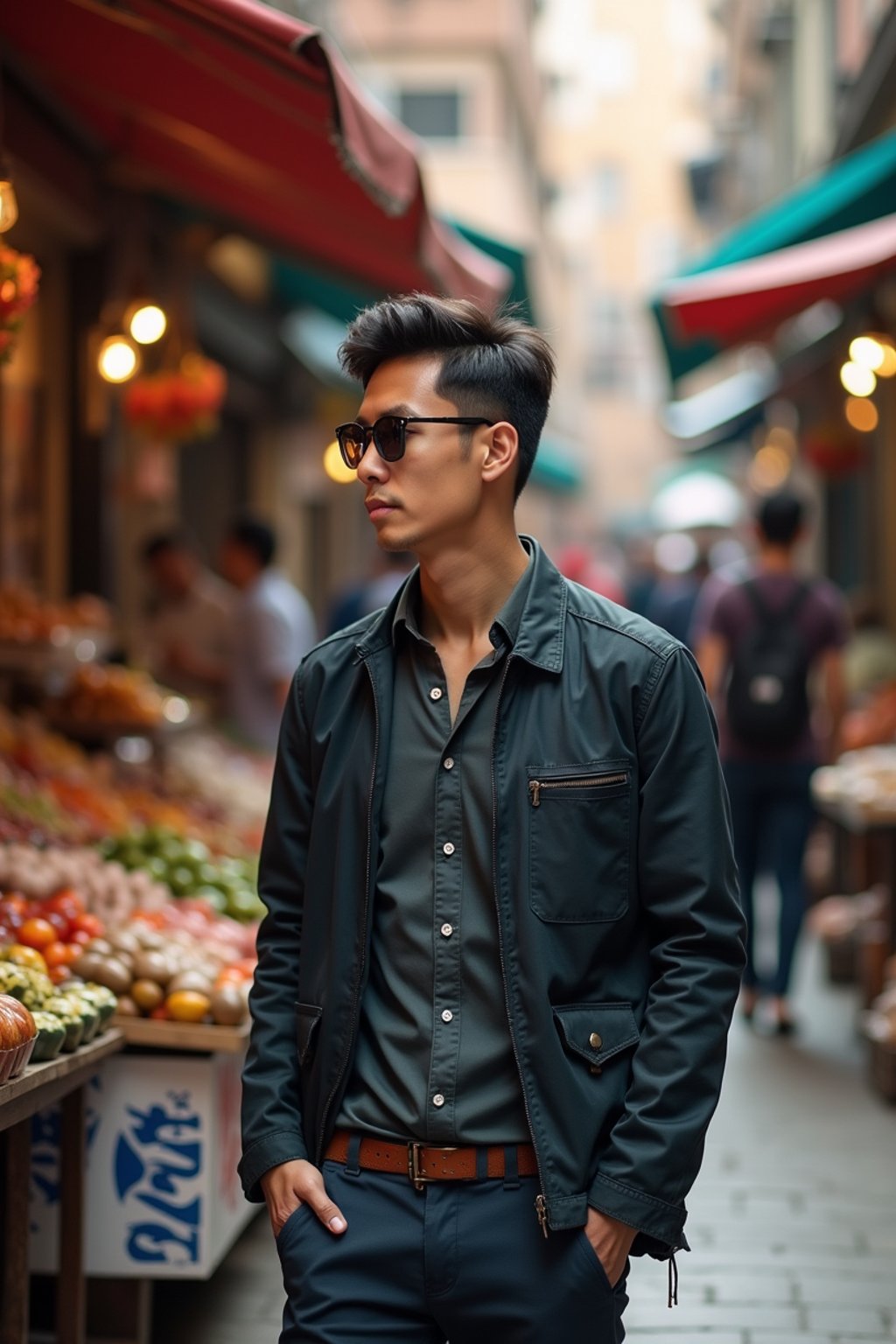 a stylish masculine  man exploring a street market