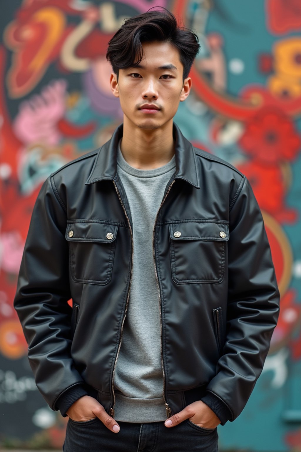 a fashionable masculine  man posing in front of street art