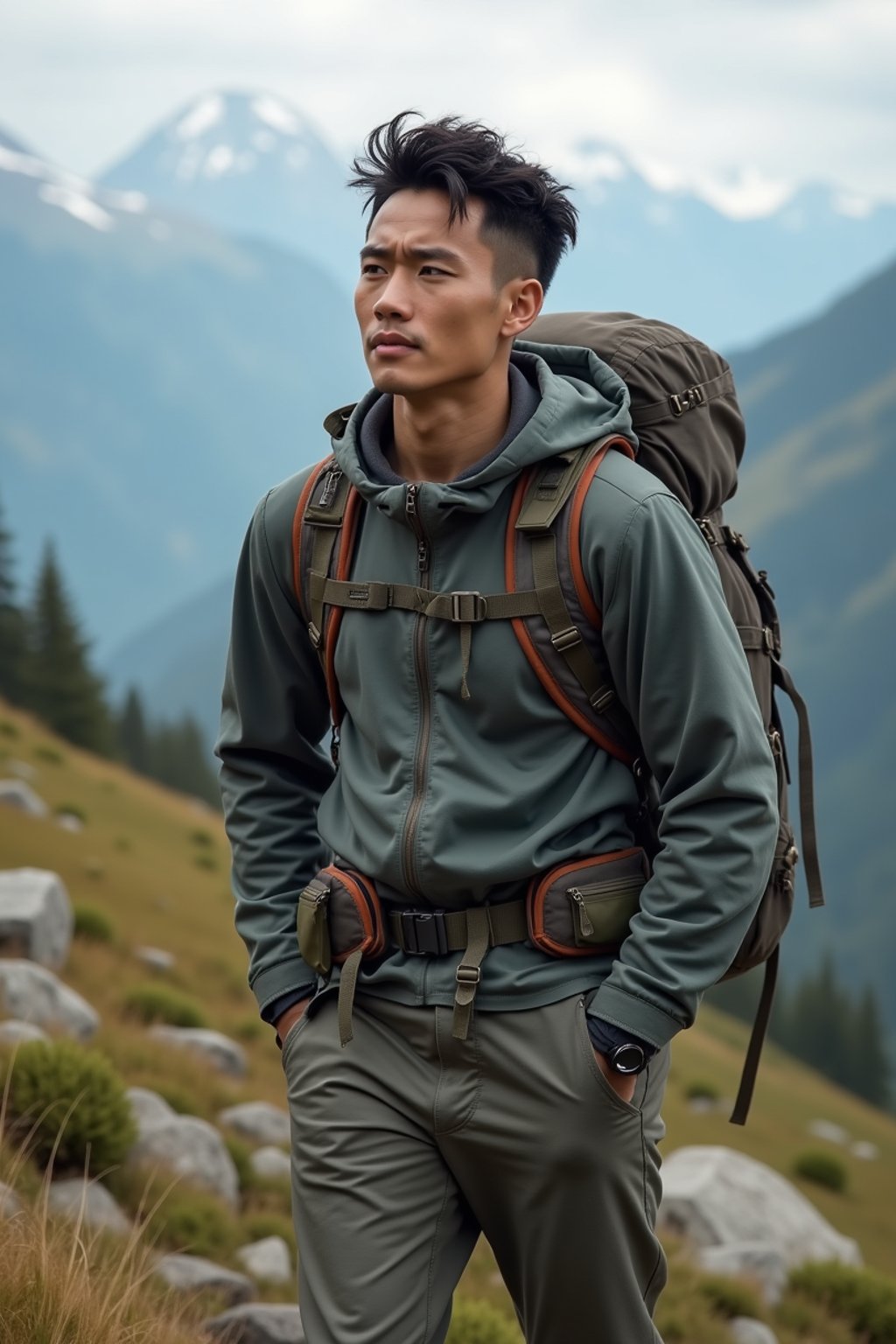 an adventurous masculine  man hiking in the mountains