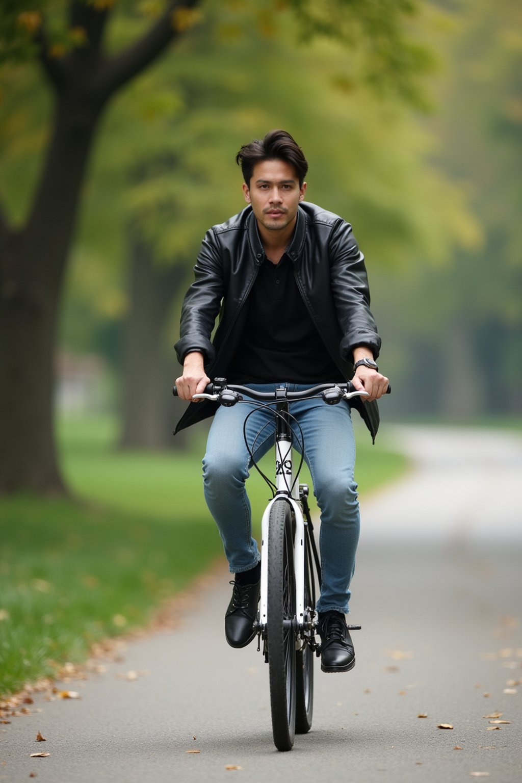 a stylish masculine  man enjoying a leisurely bike ride along a scenic path